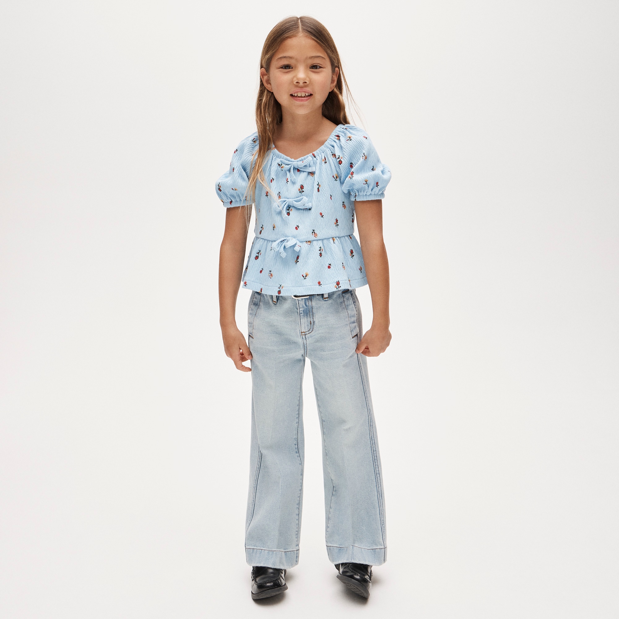 Girls' puff-sleeve top in crinkle jersey