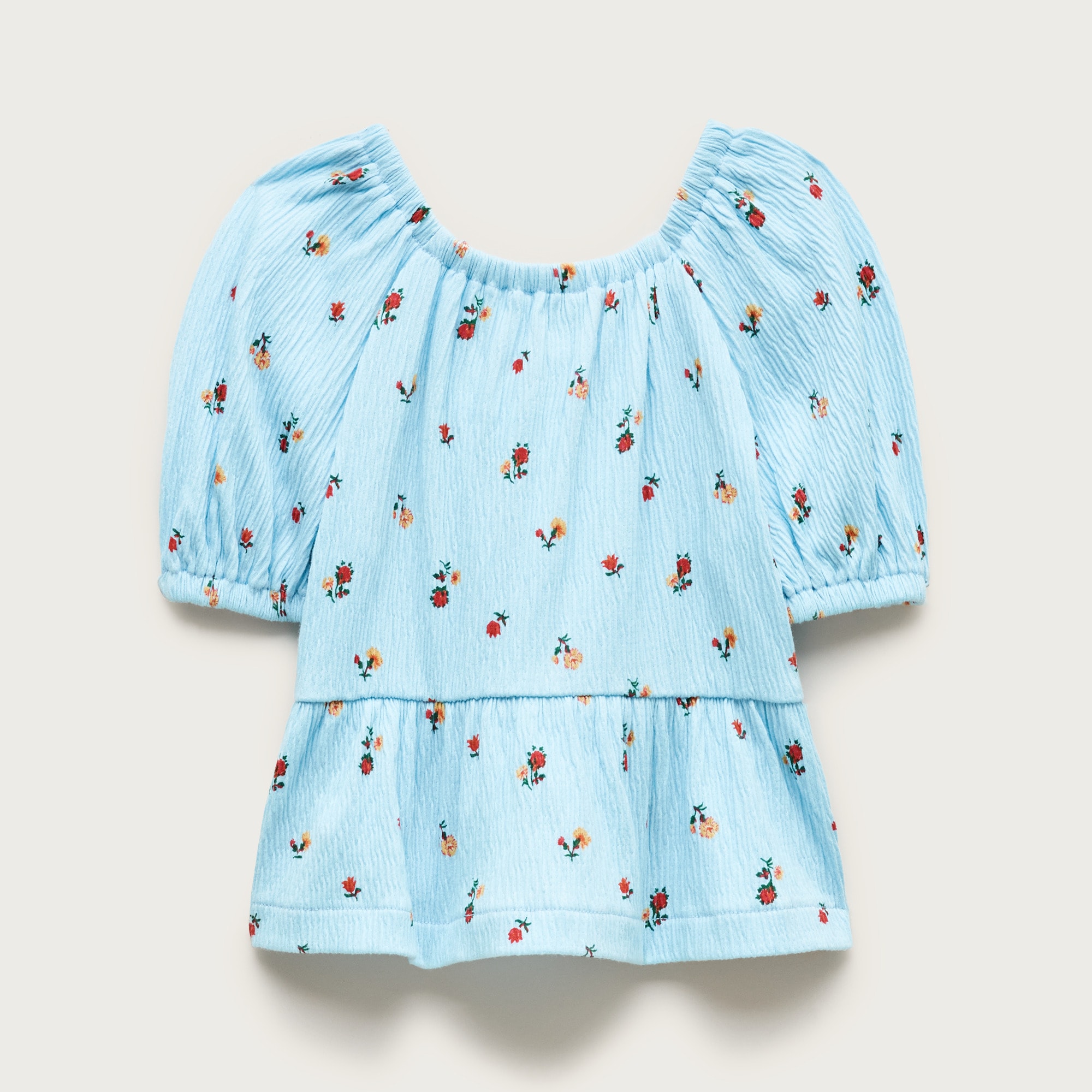 Girls' puff-sleeve top in crinkle jersey
