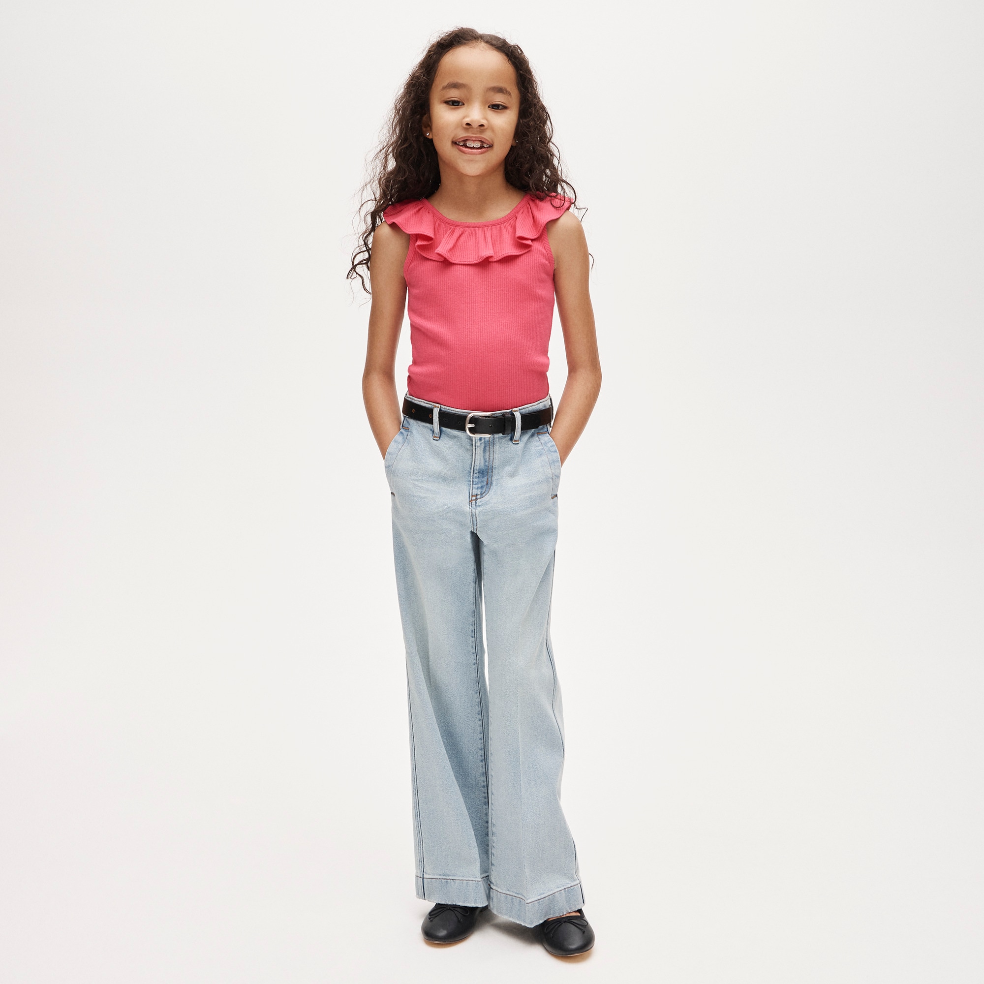 Girls' ruffle-shoulder tank top in vintage rib