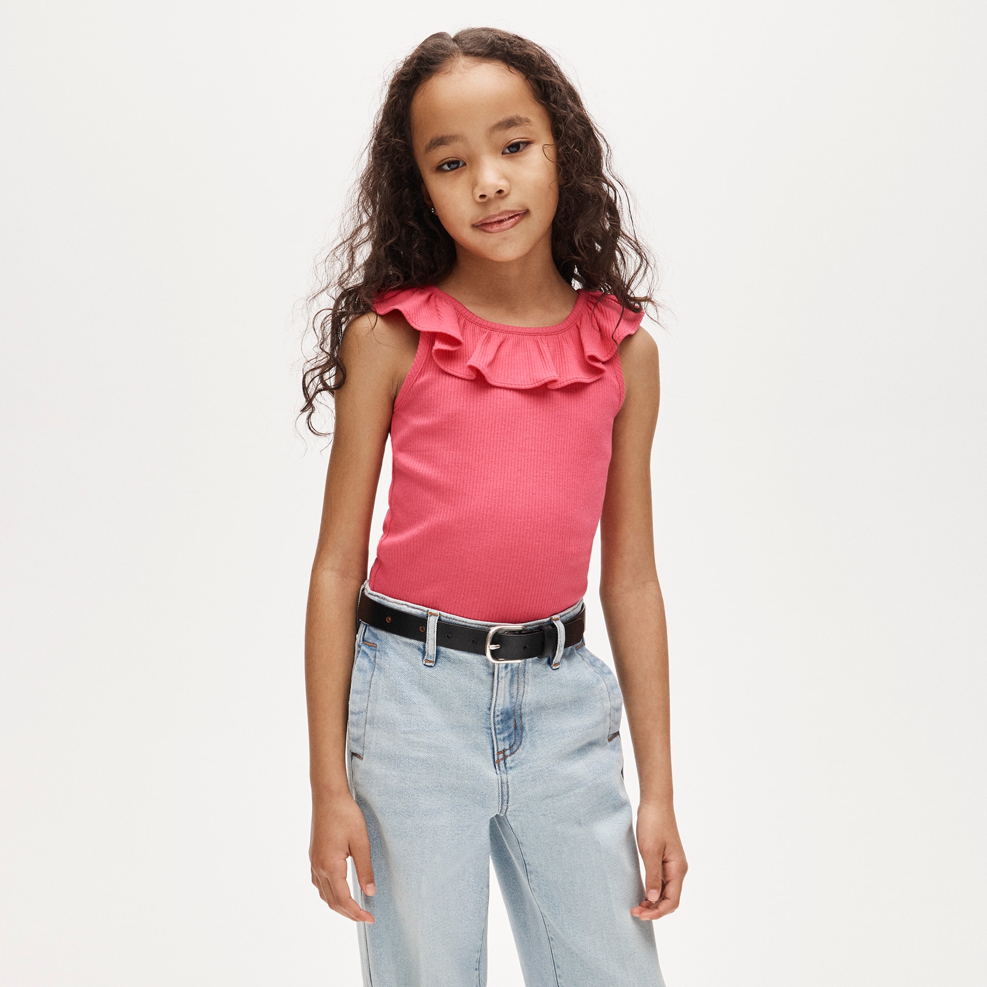 Girls' ruffle-shoulder tank top in vintage rib