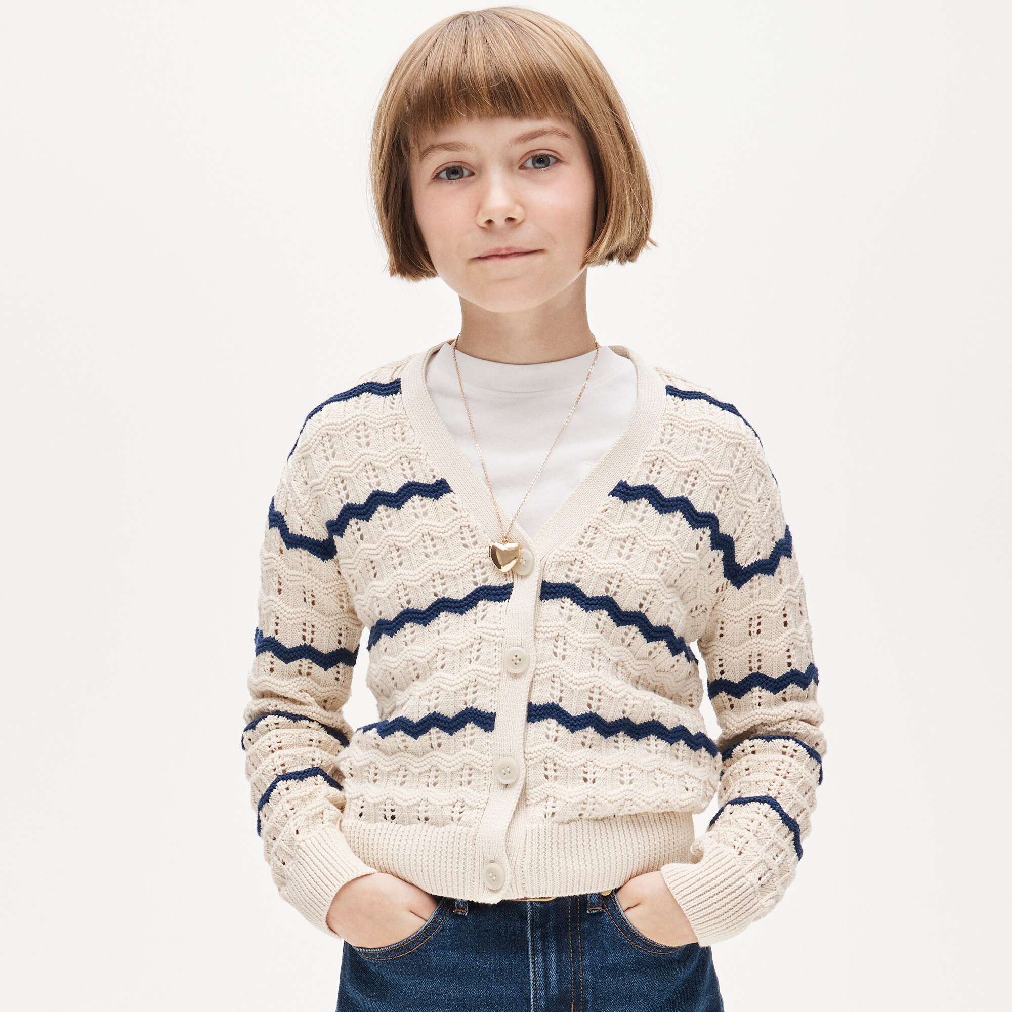 Girls' squiggle cotton cardigan in stripe