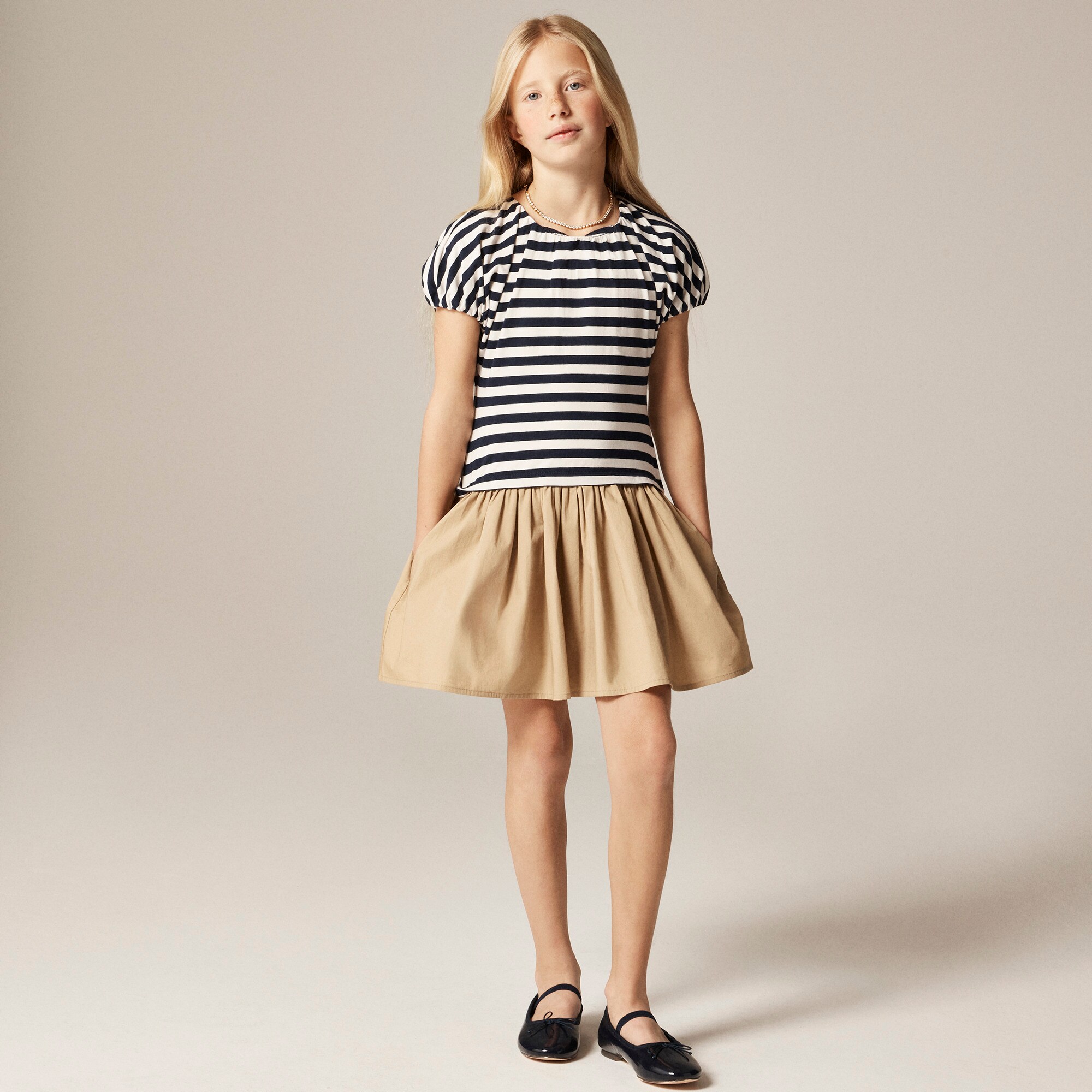 Girls' bubble-sleeve mixy dress in stripe