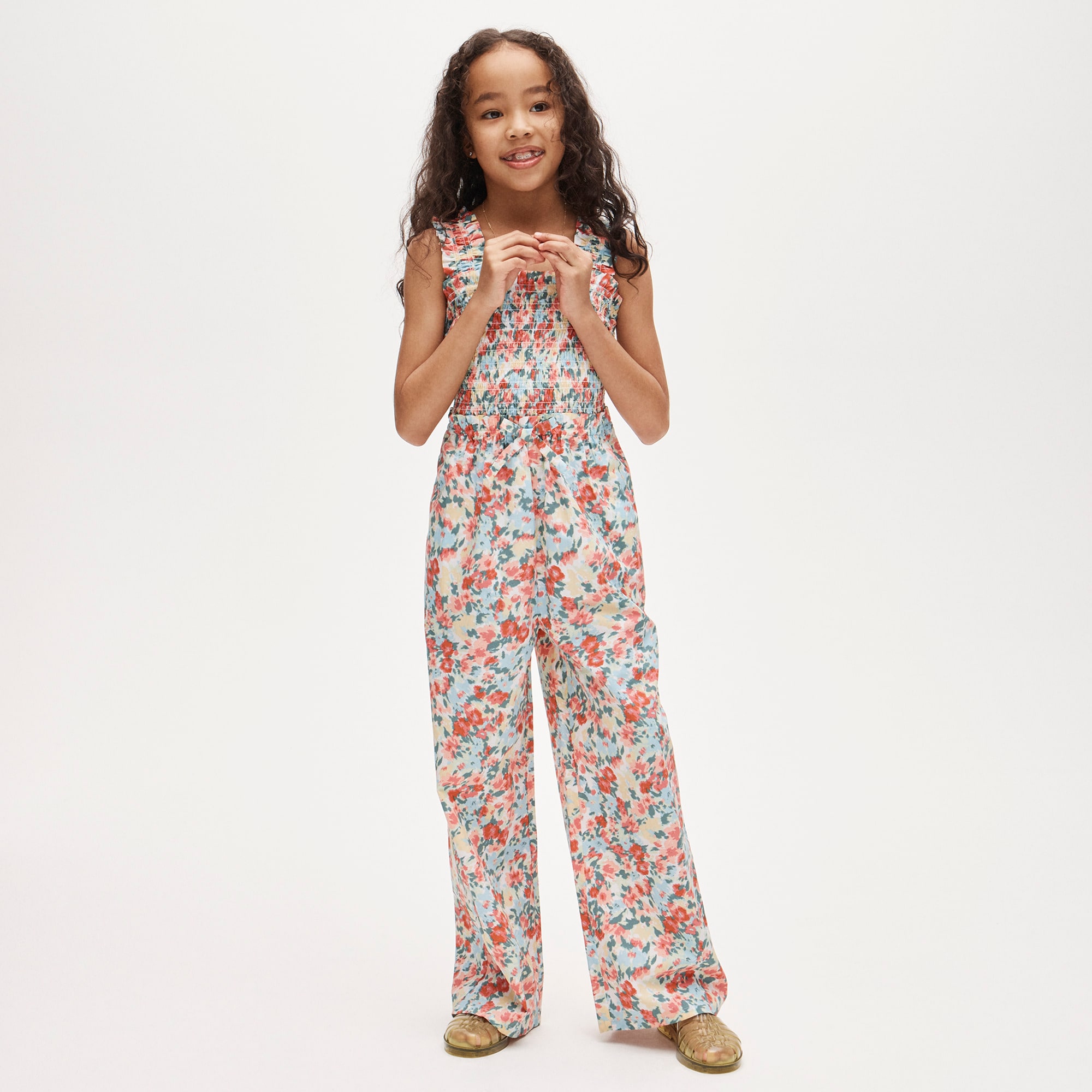 Girls' smocked jumpsuit in painted floral