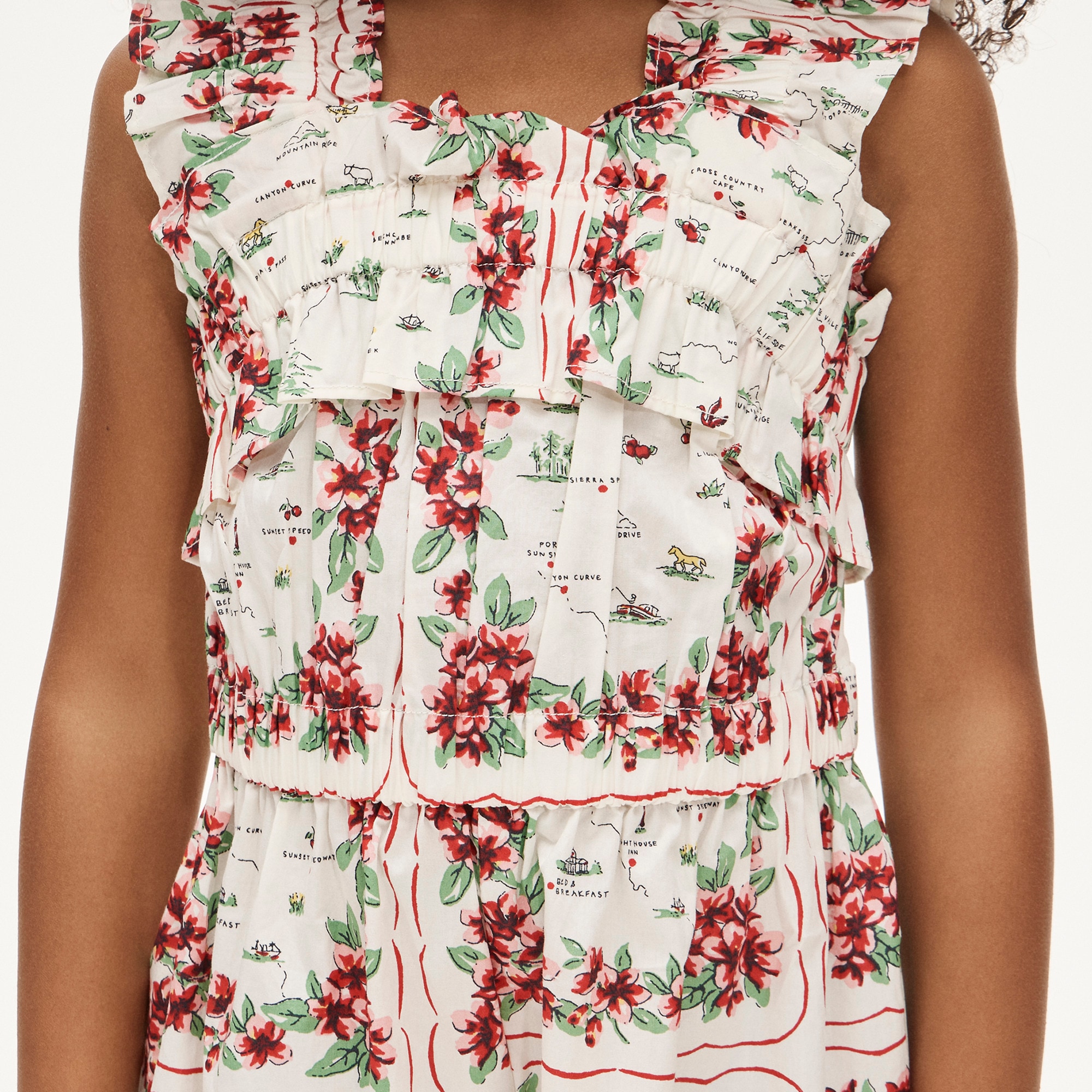 Girls' ruffle-trim romper in map floral