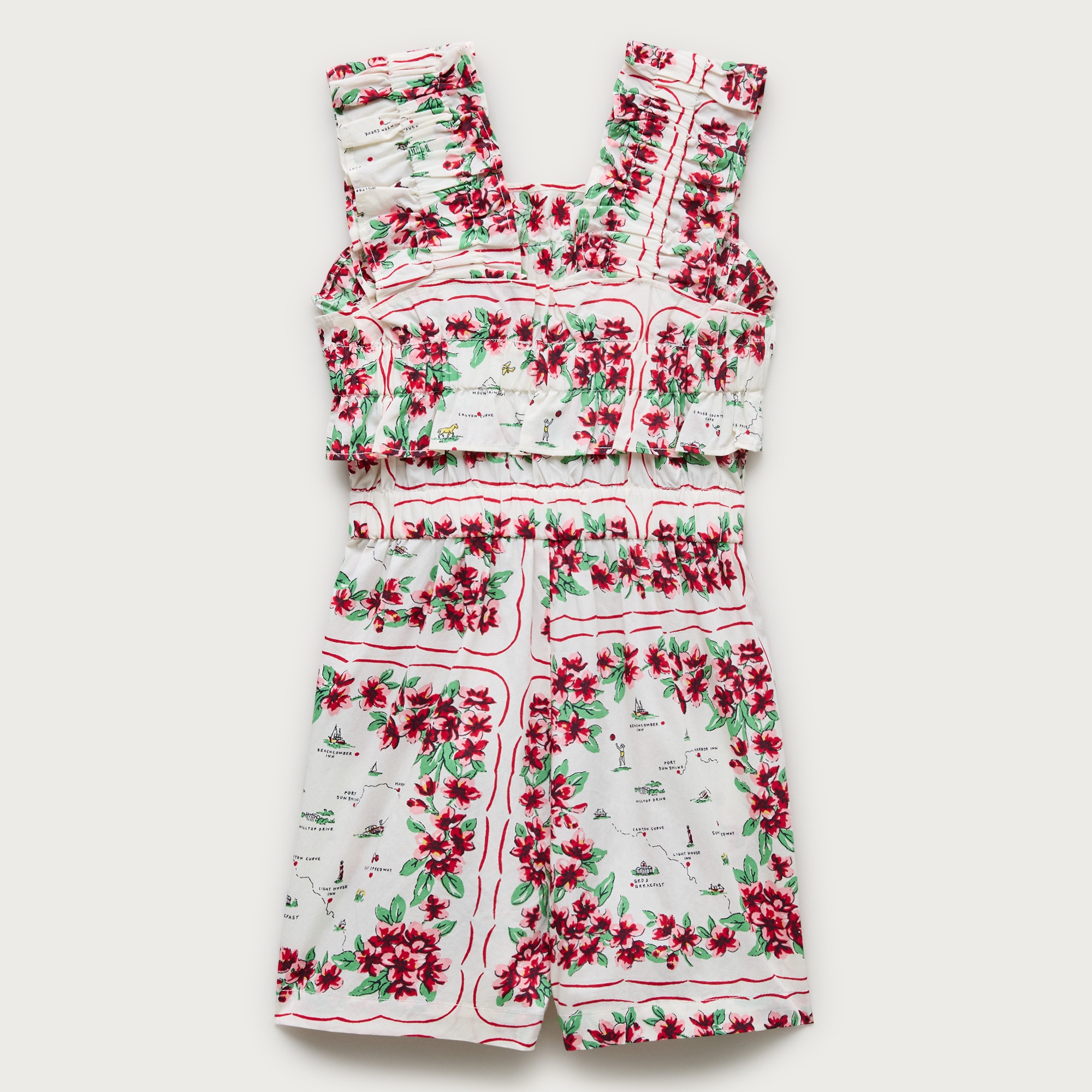 Girls' ruffle-trim romper in map floral