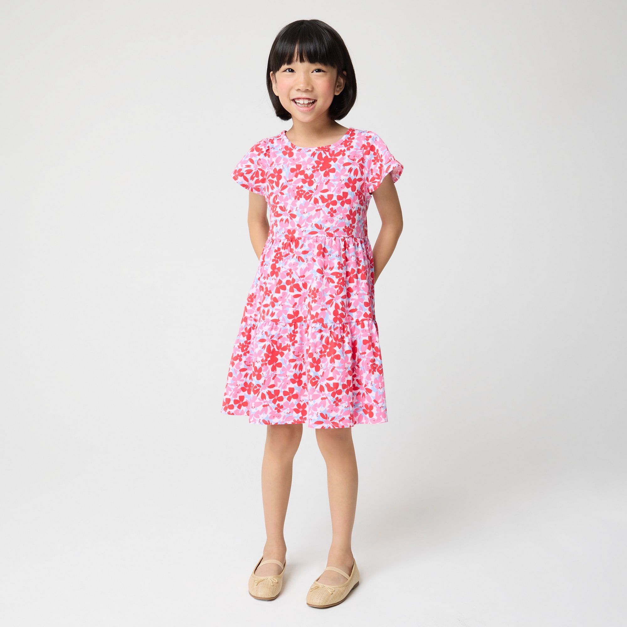 Girls' floral flutter-sleeve knit dress