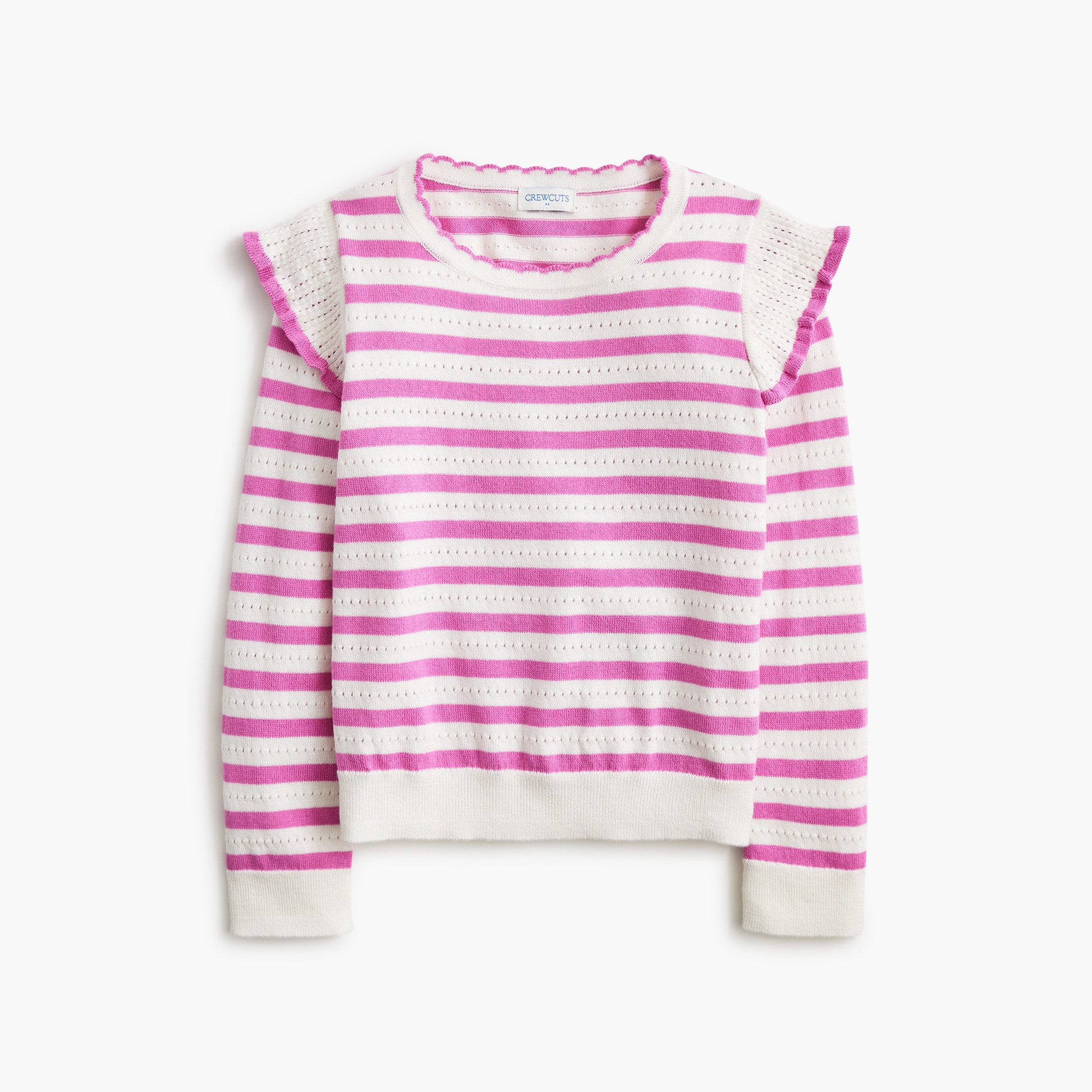 Girls' striped ruffle-shoulder sweater