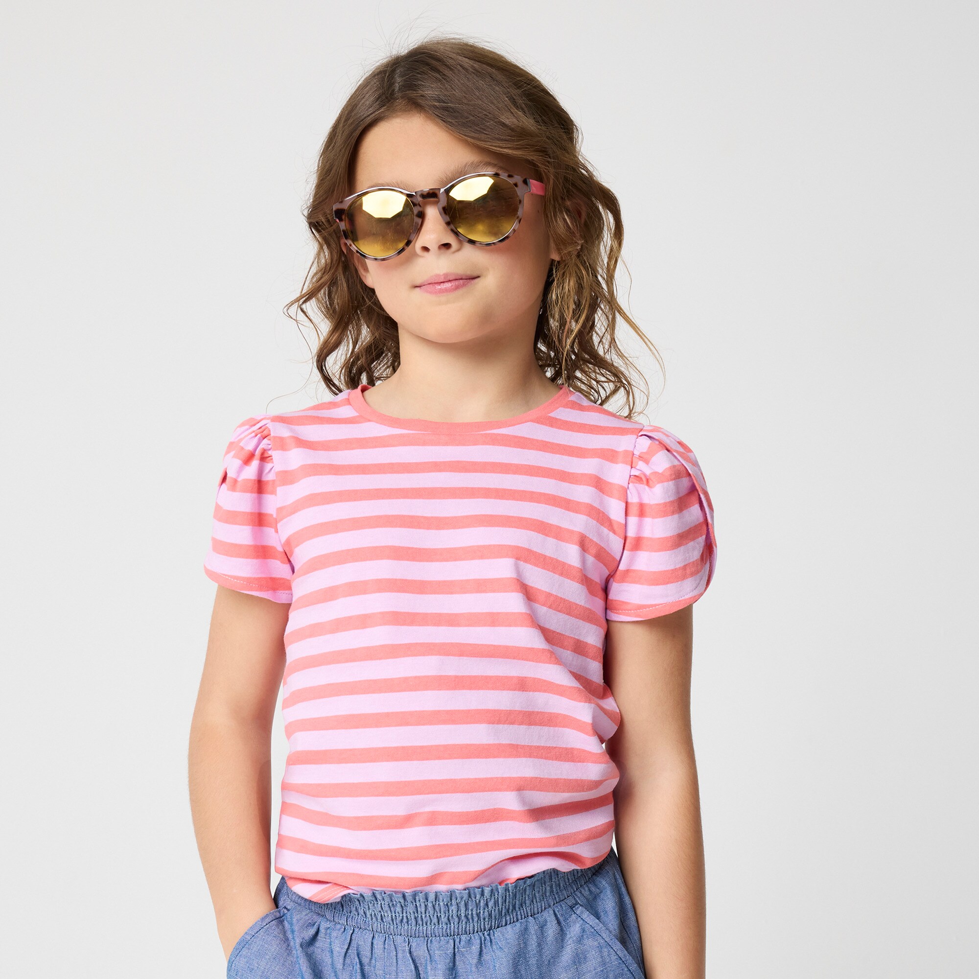 Girls' striped tulip-sleeve tee