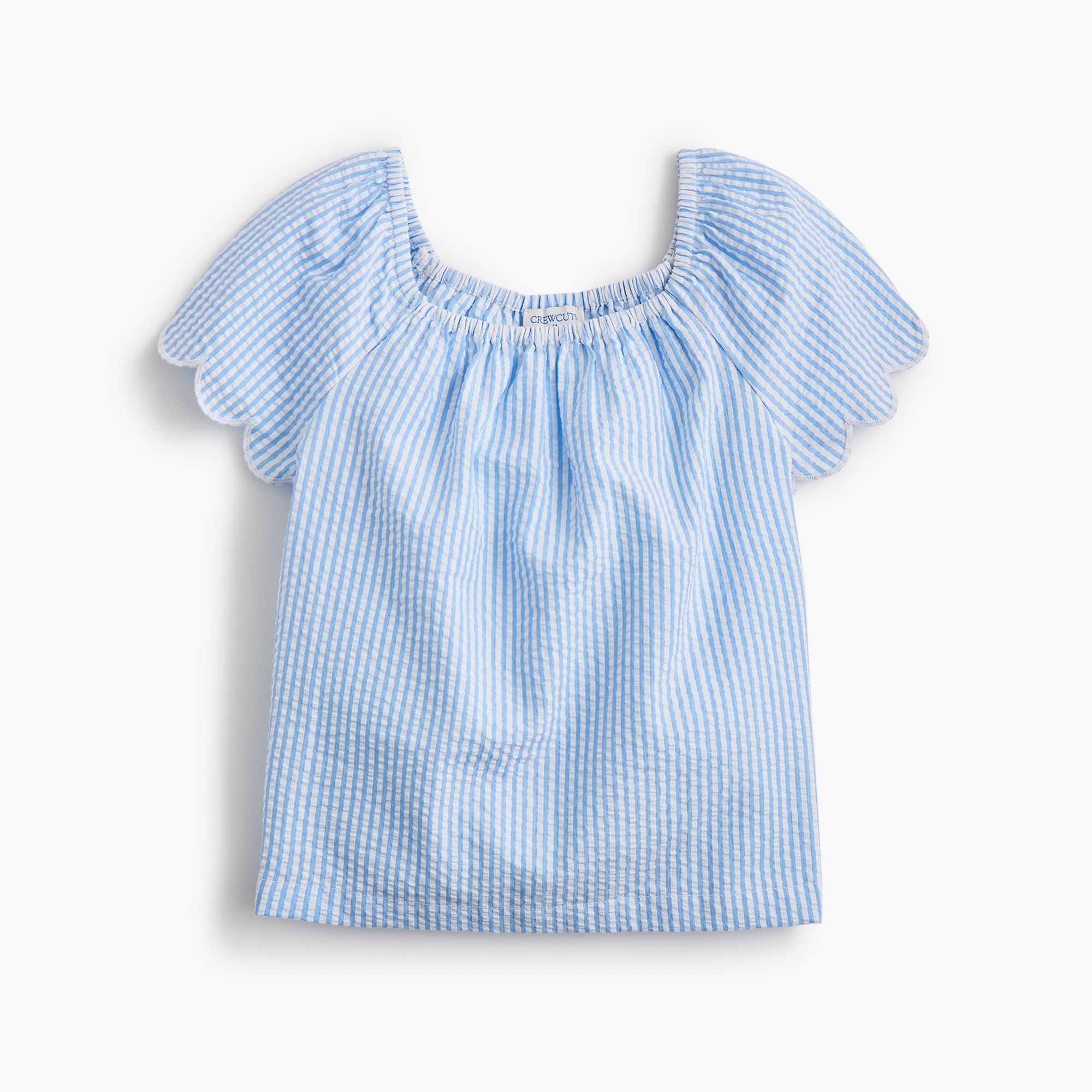  Girls' scallop-sleeve seersucker top