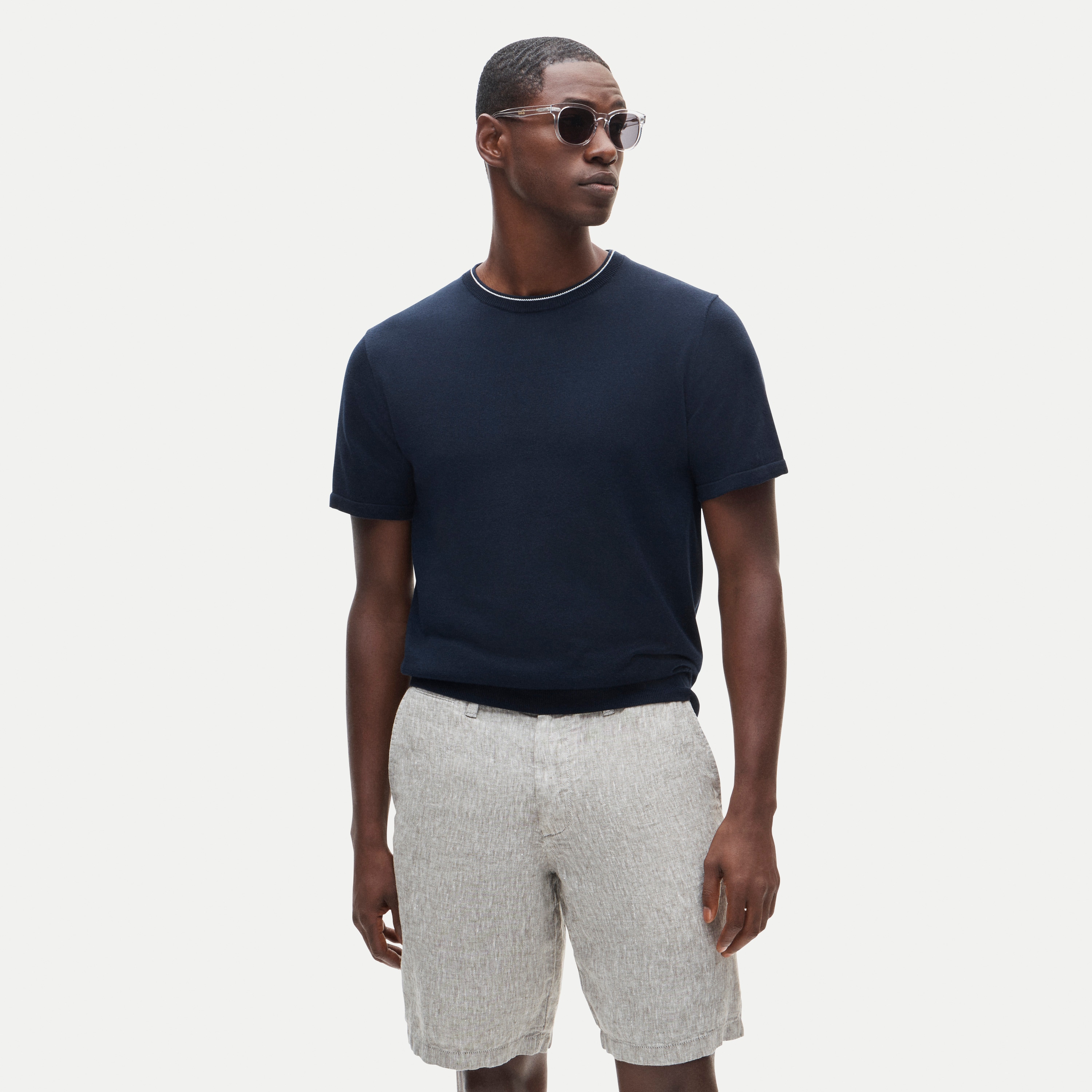 Short-sleeve tipped crewneck sweater in Pima cotton