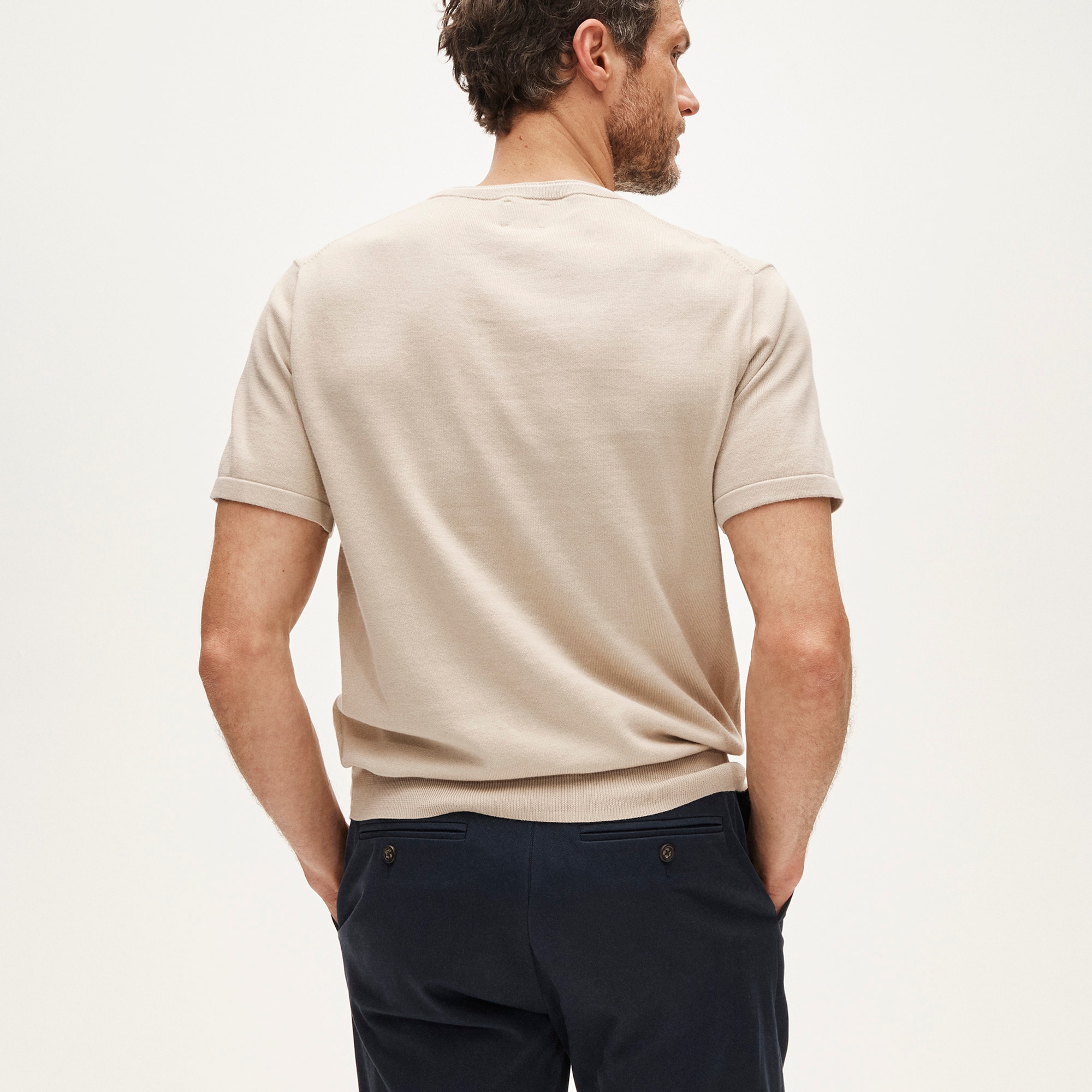 Short-sleeve tipped crewneck sweater in Pima cotton