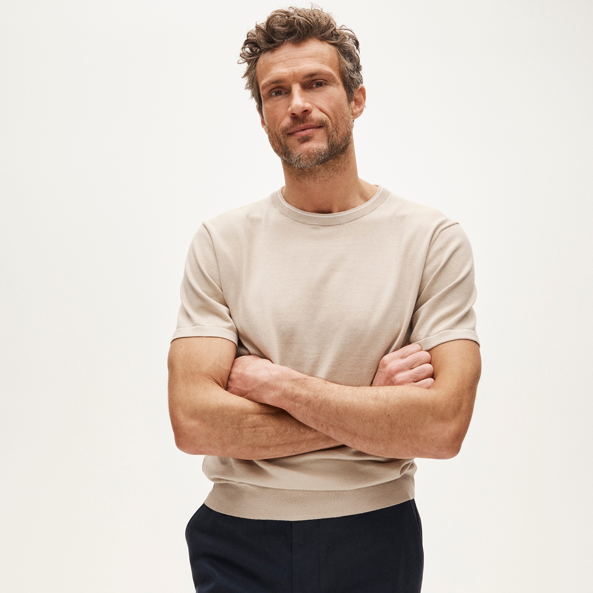Short-sleeve tipped crewneck sweater in Pima cotton