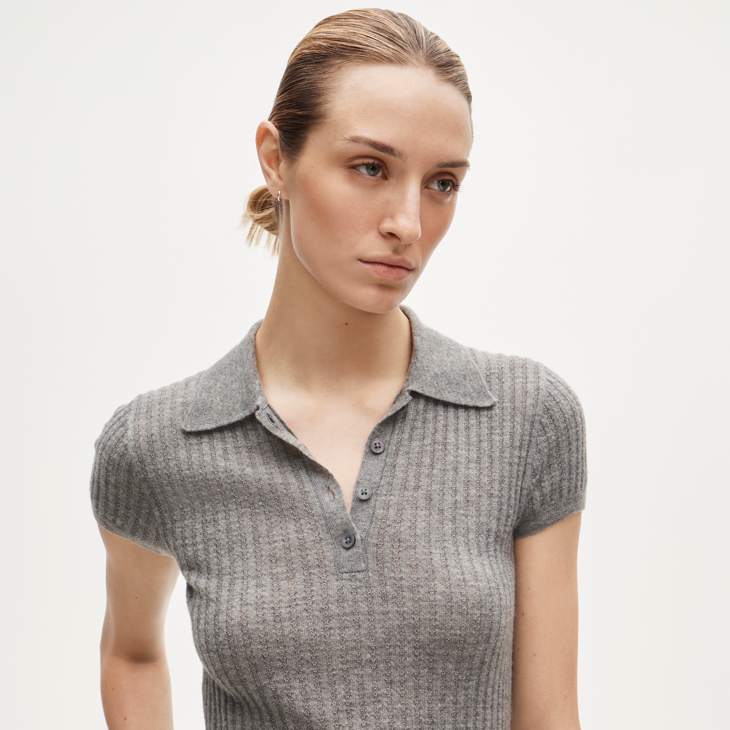 Featherweight cashmere pointelle short-sleeve sweater-polo