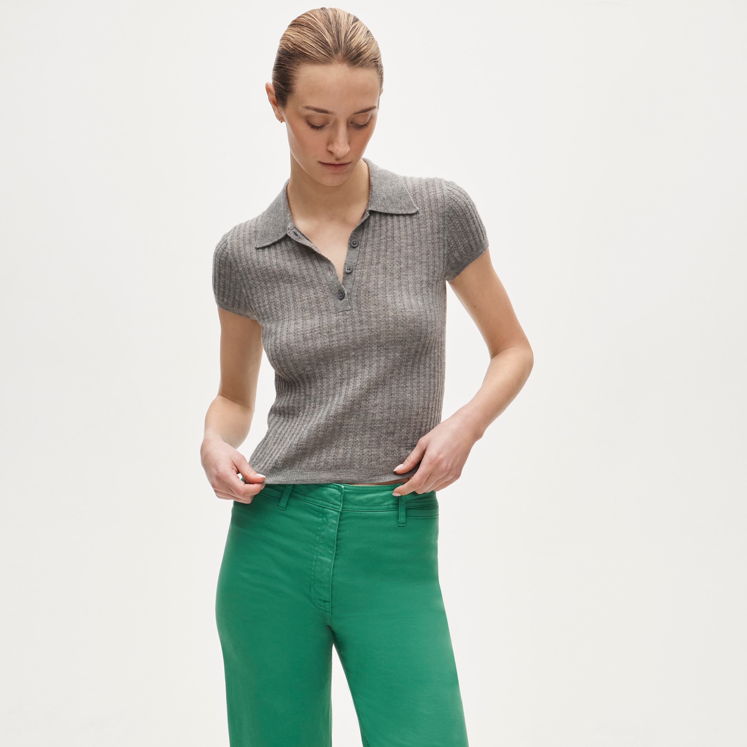 Featherweight cashmere pointelle short-sleeve sweater-polo