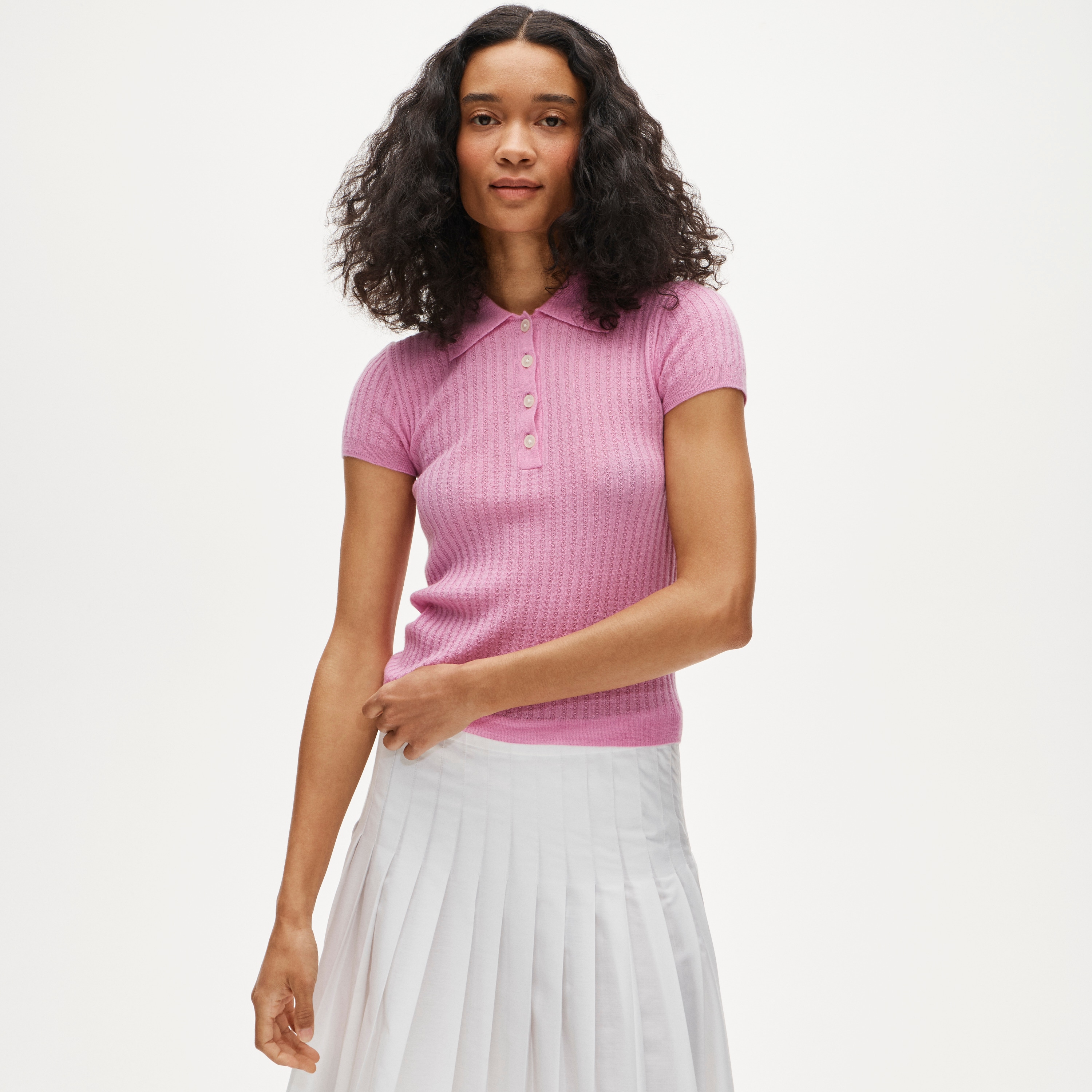 Featherweight cashmere pointelle short-sleeve sweater-polo