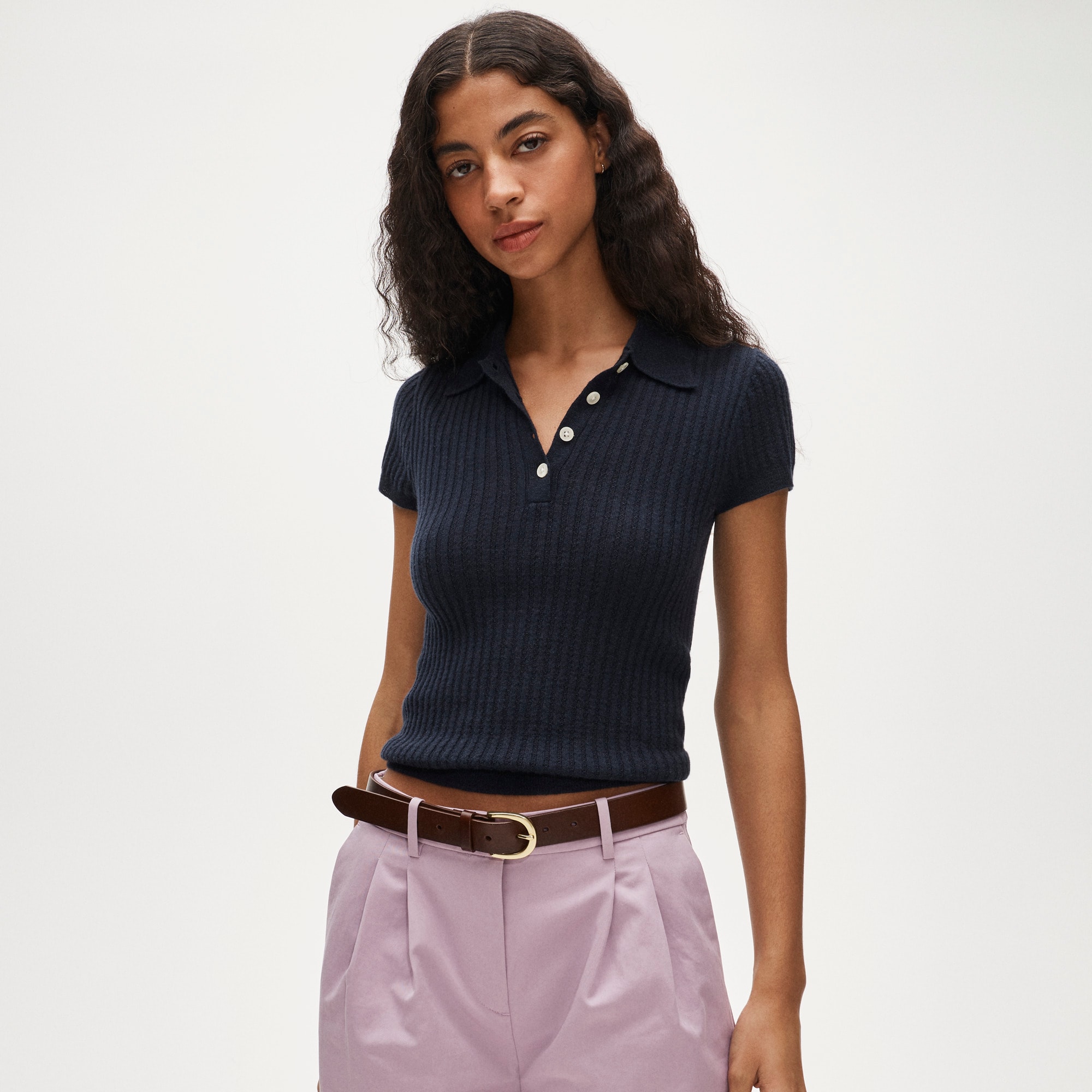 Featherweight cashmere pointelle short-sleeve sweater-polo