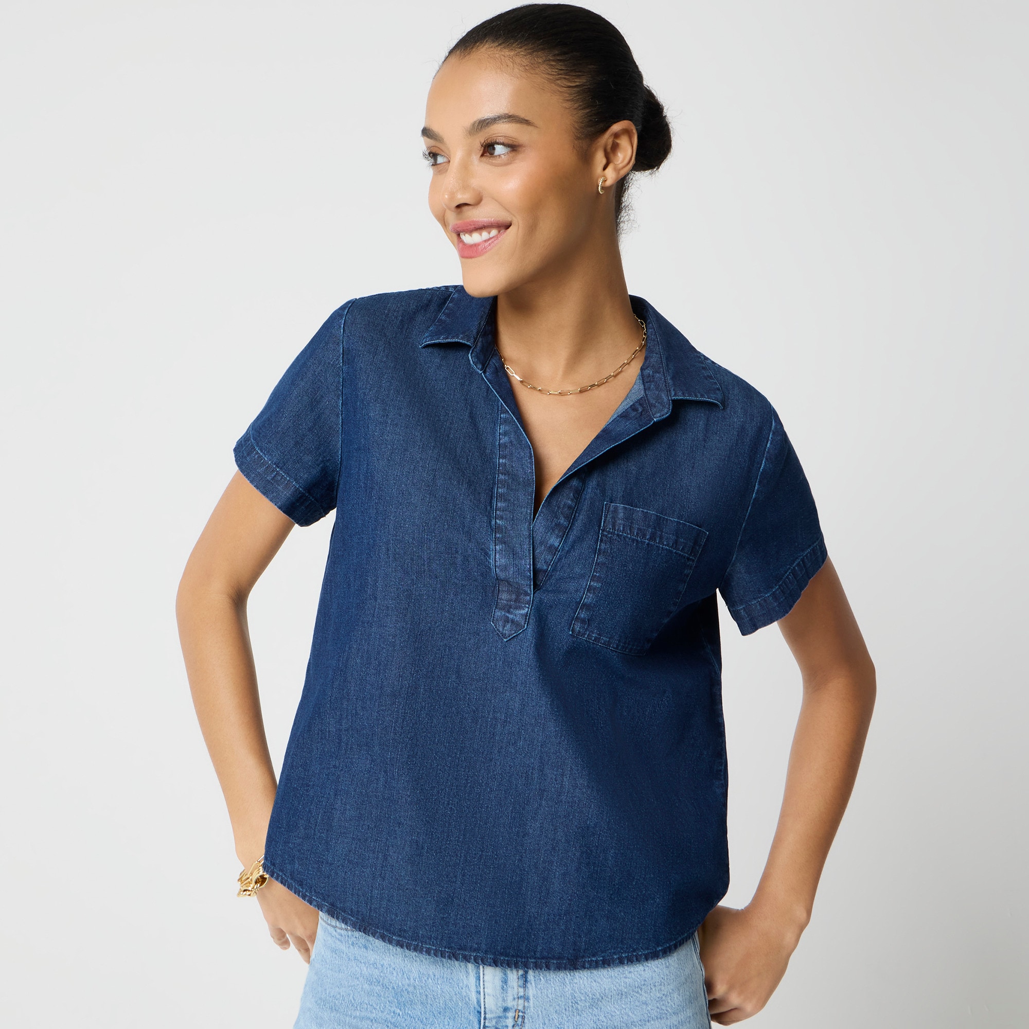 Short-sleeve chambray popover top