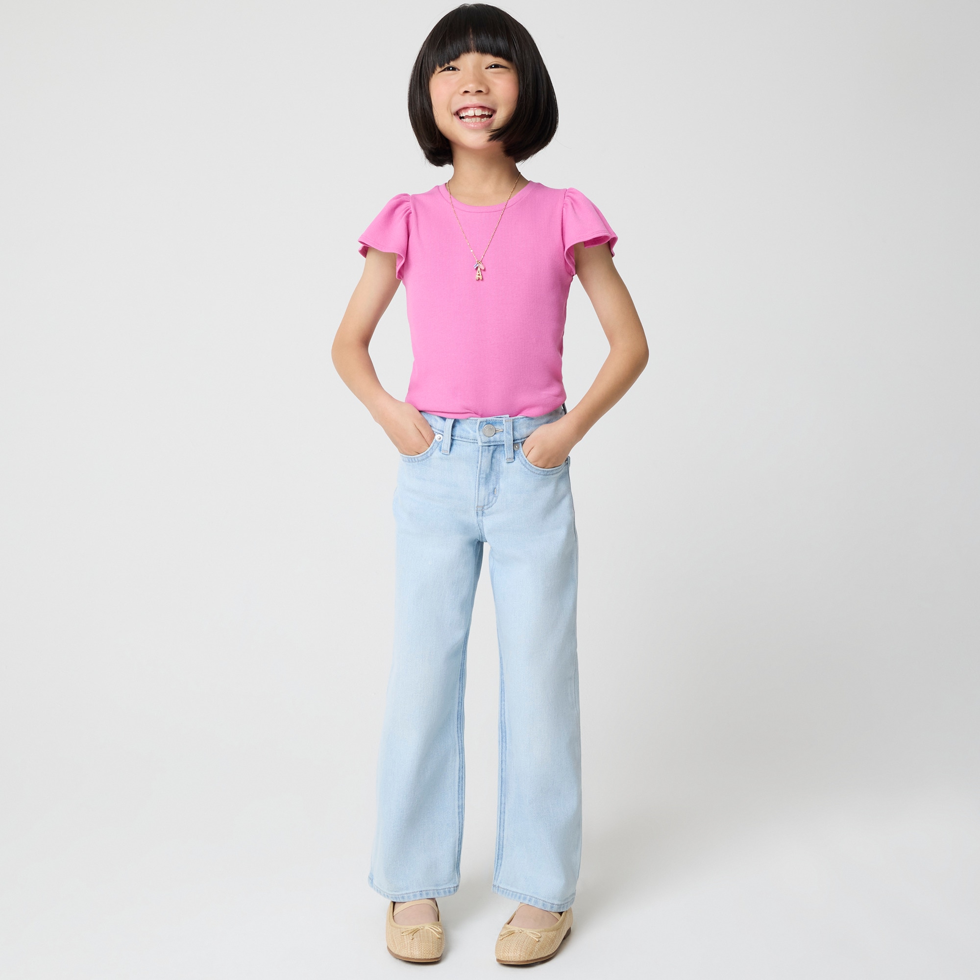 Girls' light wash wide-leg jean