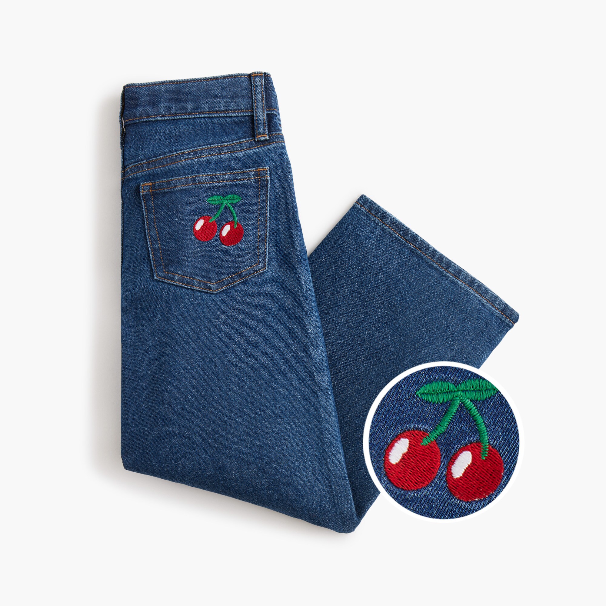 girls' cherry-embroidered pocket wide-leg jean for girls