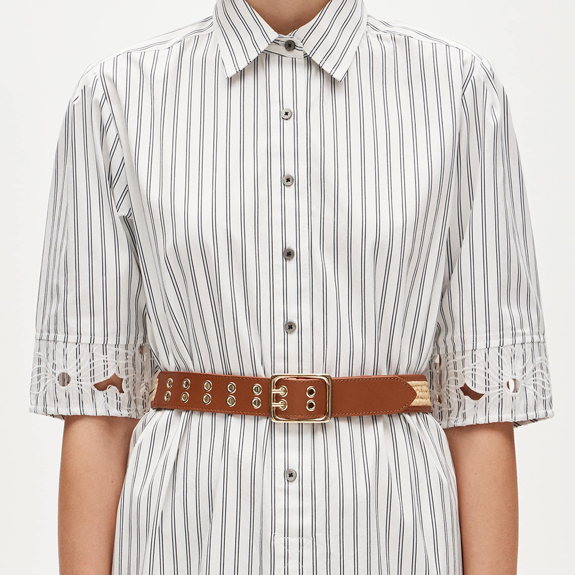 Grommet belt in leather and faux raffia