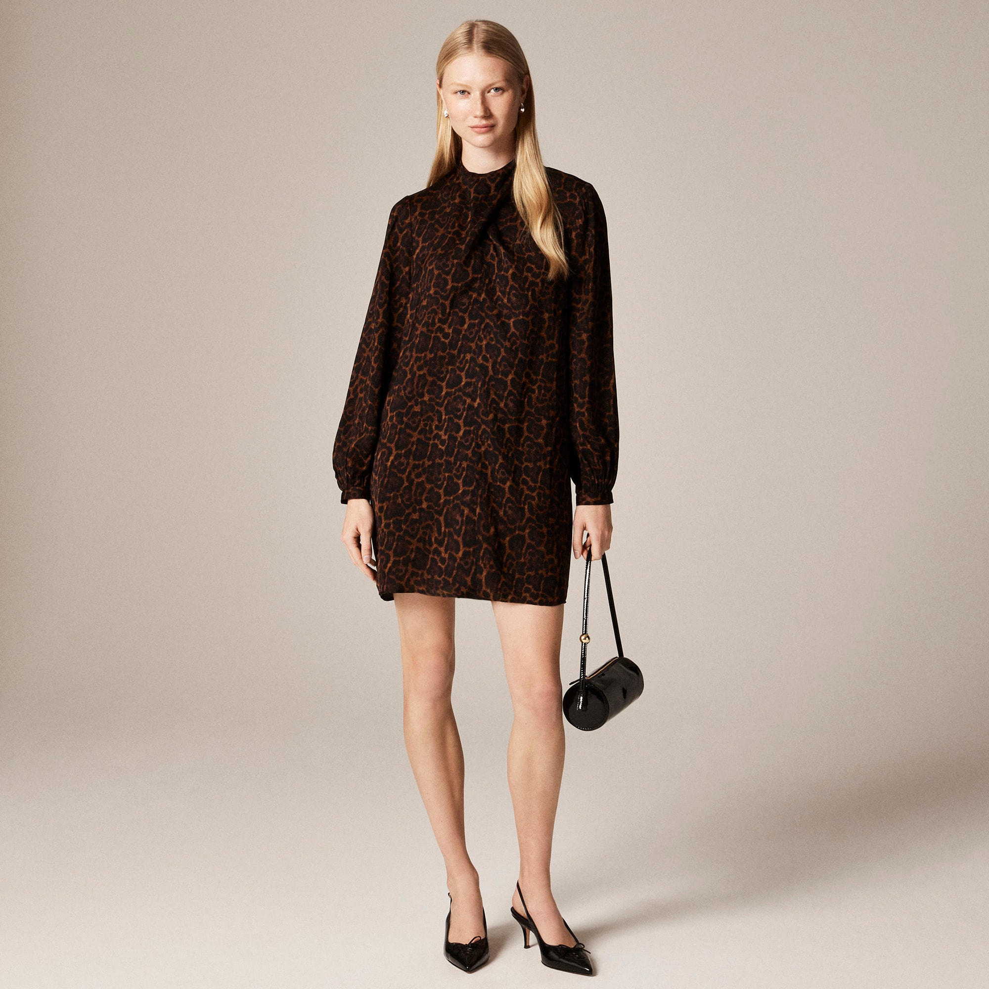 Scarf-neck shift dress in leopard print