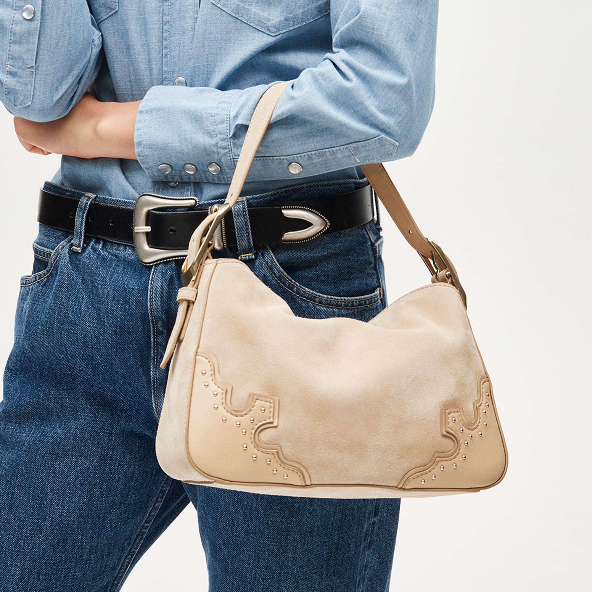 womens Berkeley small shoulder bag in studded leather and suede