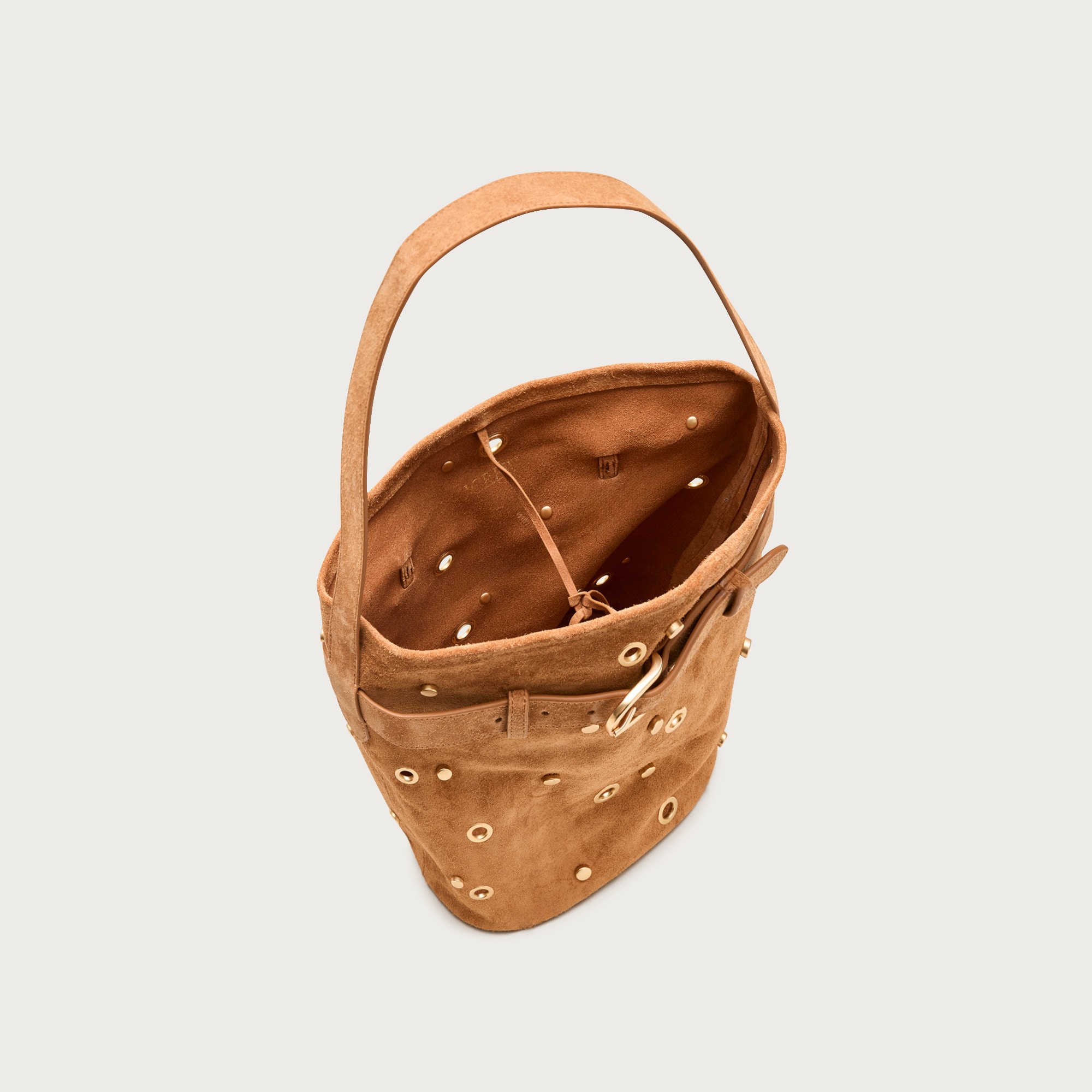 Berkeley belted bucket bag in studded suede
