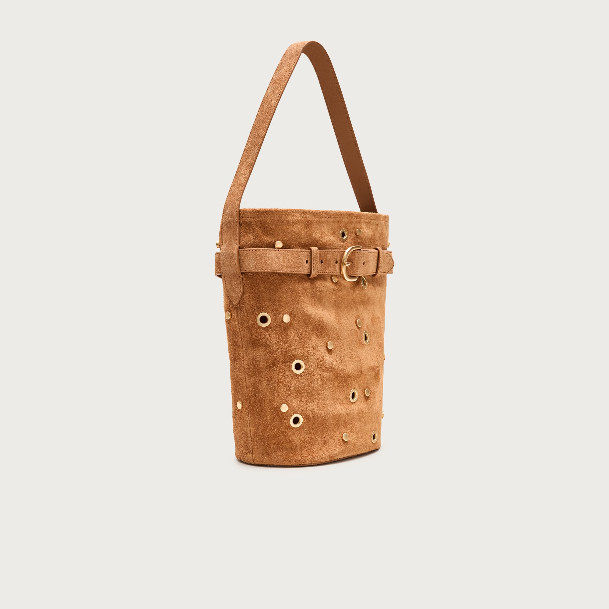 Berkeley belted bucket bag in studded suede