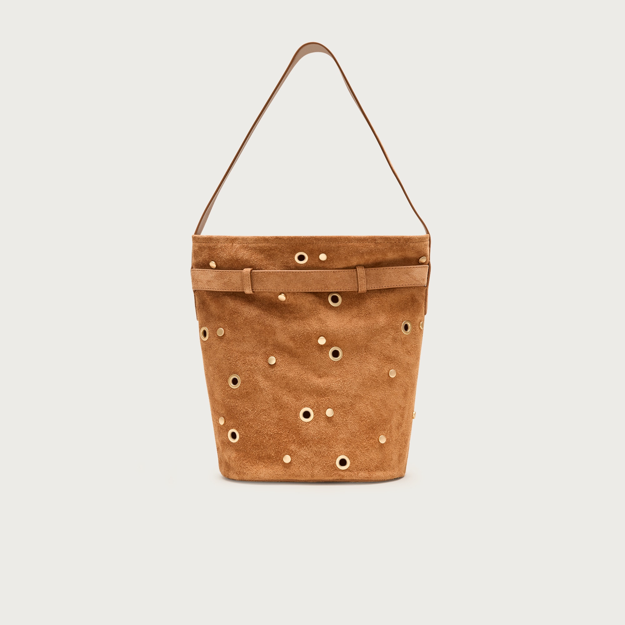 Berkeley belted bucket bag in studded suede