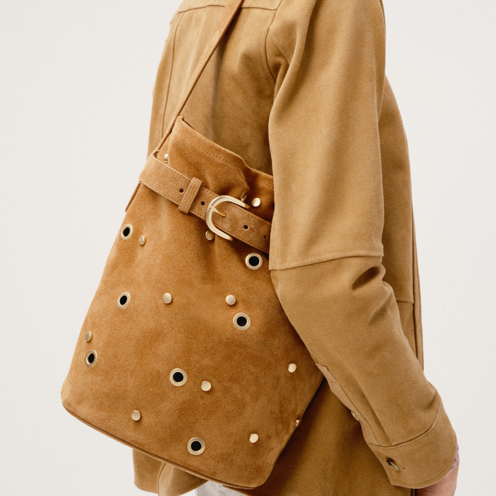 womens Berkeley belted bucket bag in studded suede