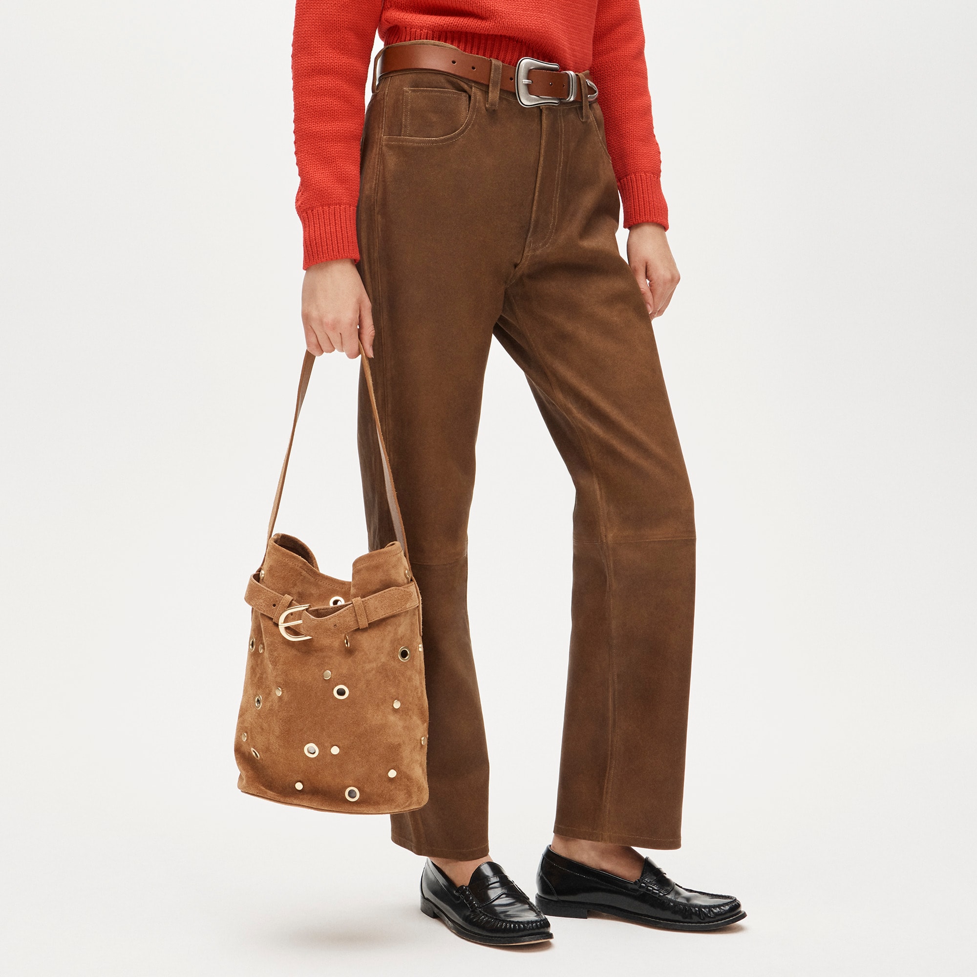 Berkeley belted bucket bag in studded suede