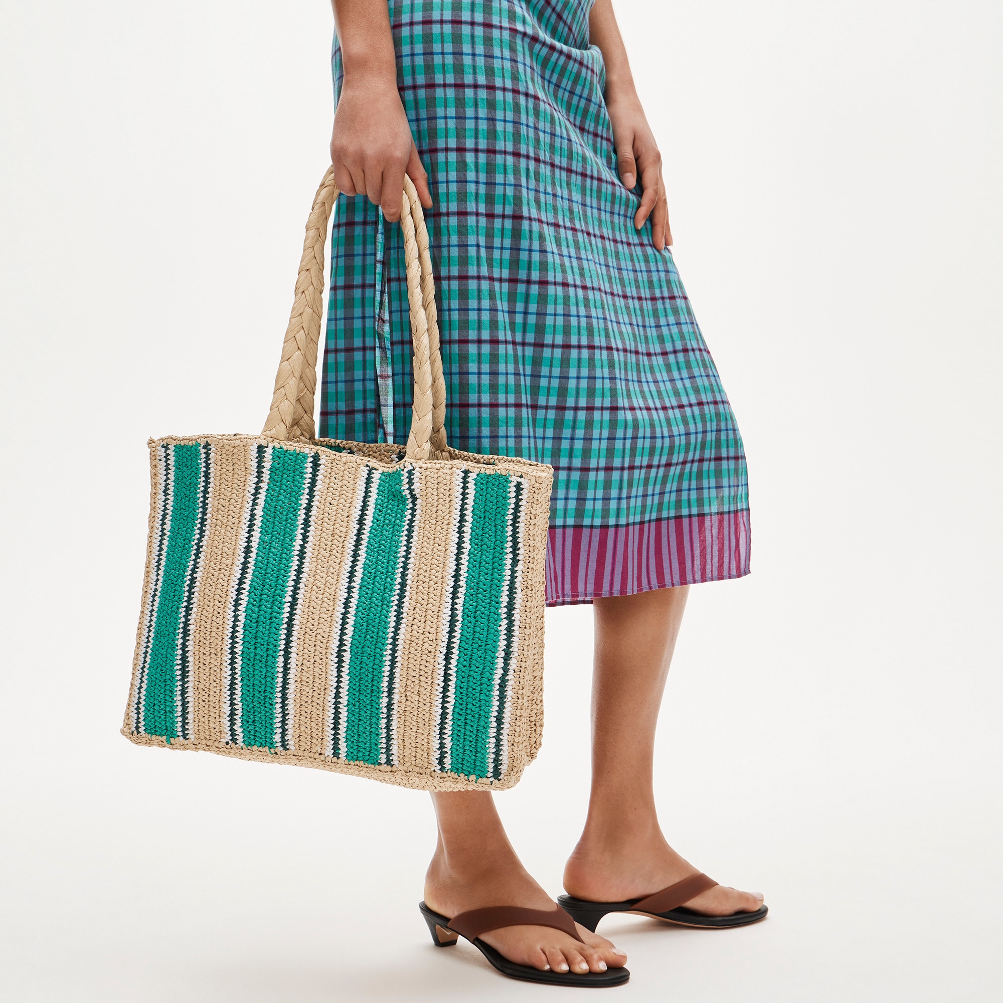 Handknotted straw tote bag in stripe