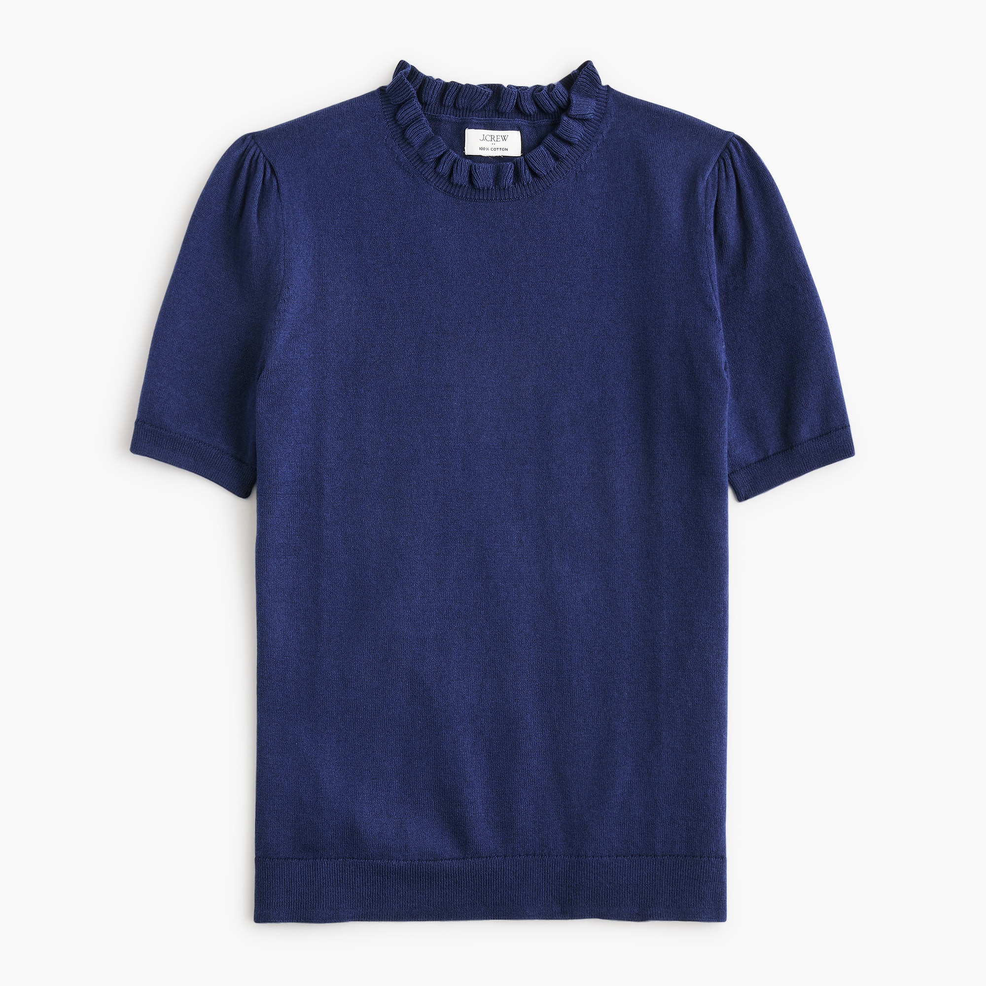 Short-sleeve cotton ruffleneck sweater