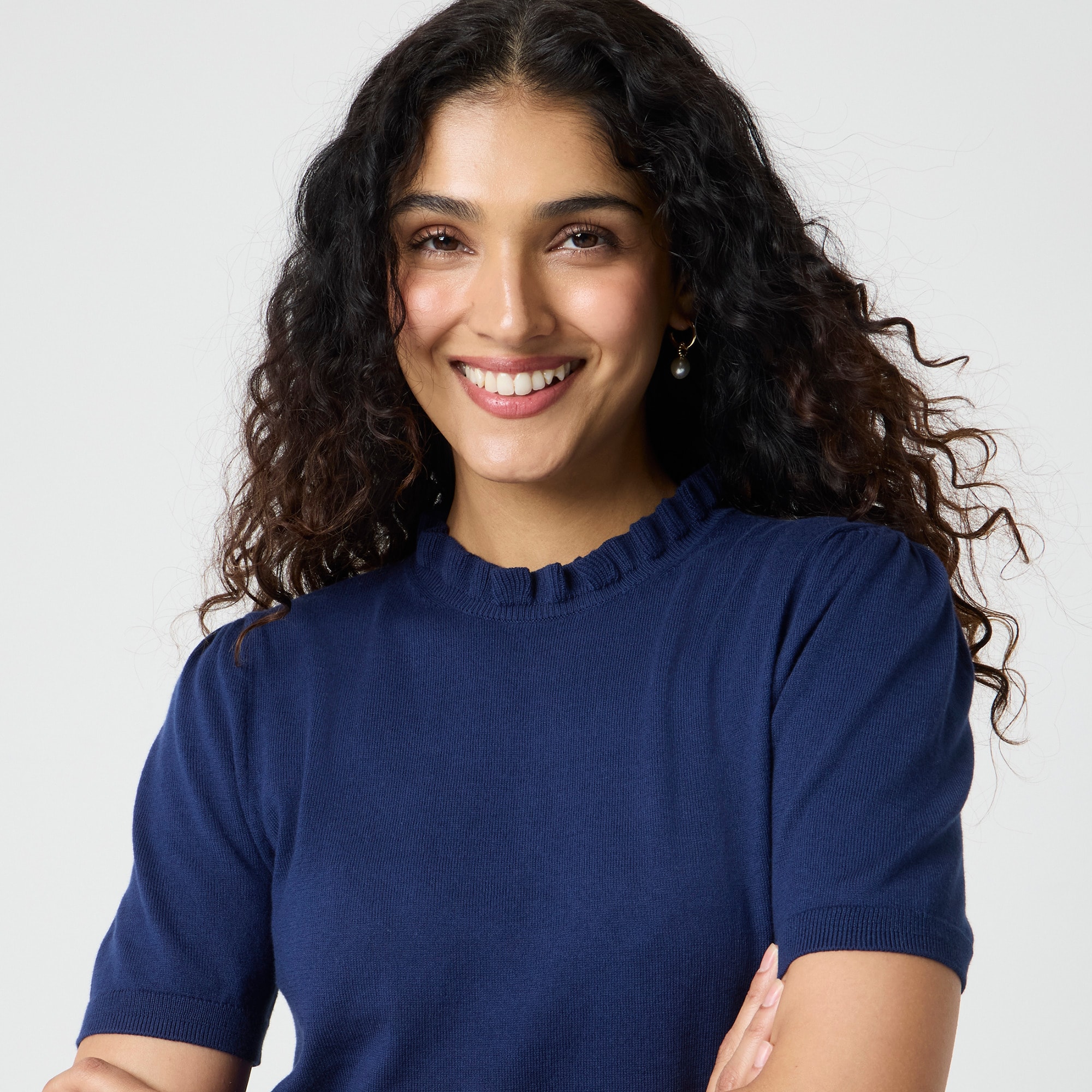 Short-sleeve cotton ruffleneck sweater - image 2