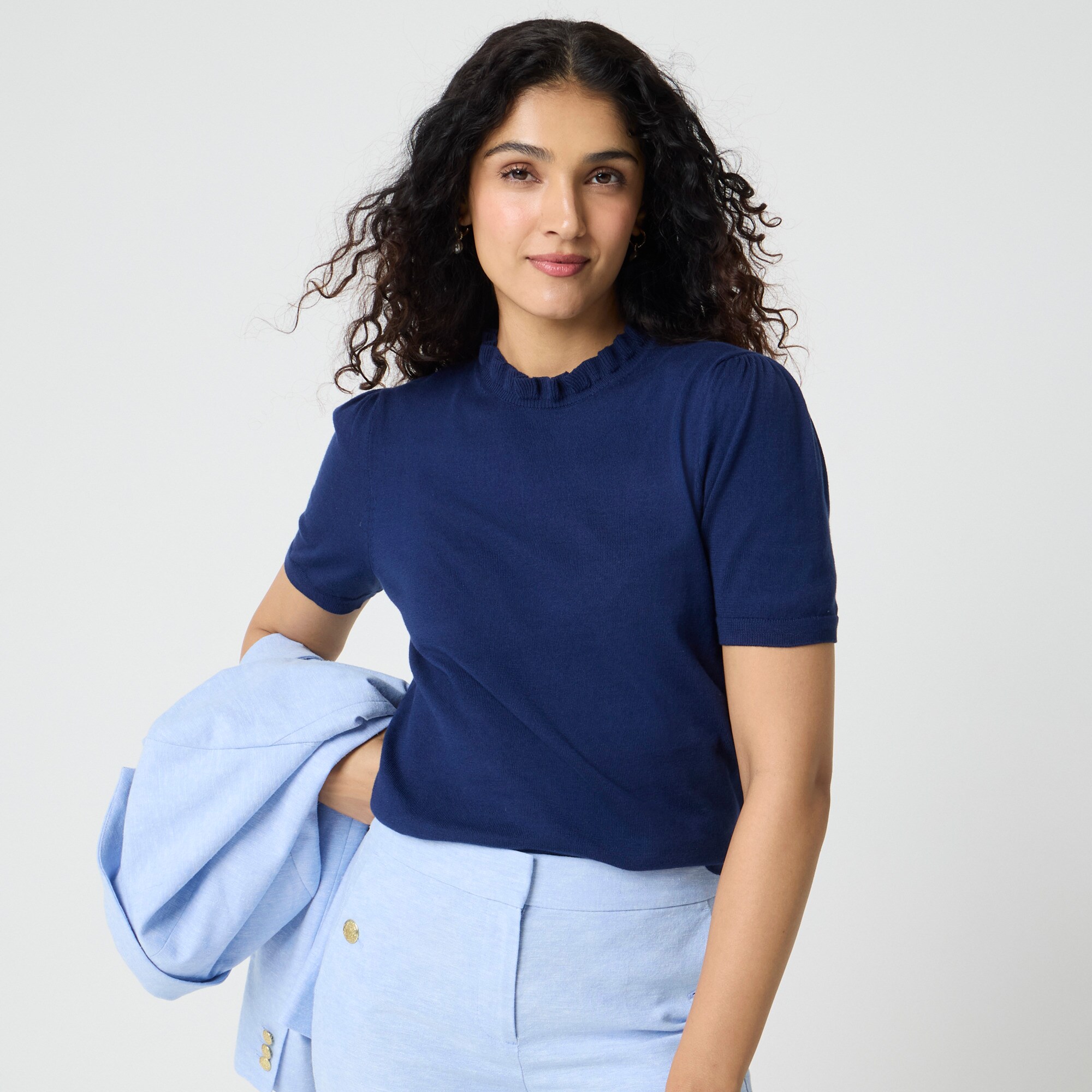 Short-sleeve cotton ruffleneck sweater