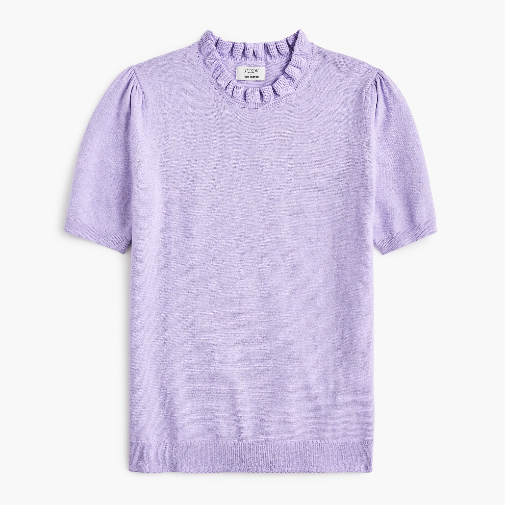 Short-sleeve cotton ruffleneck sweater