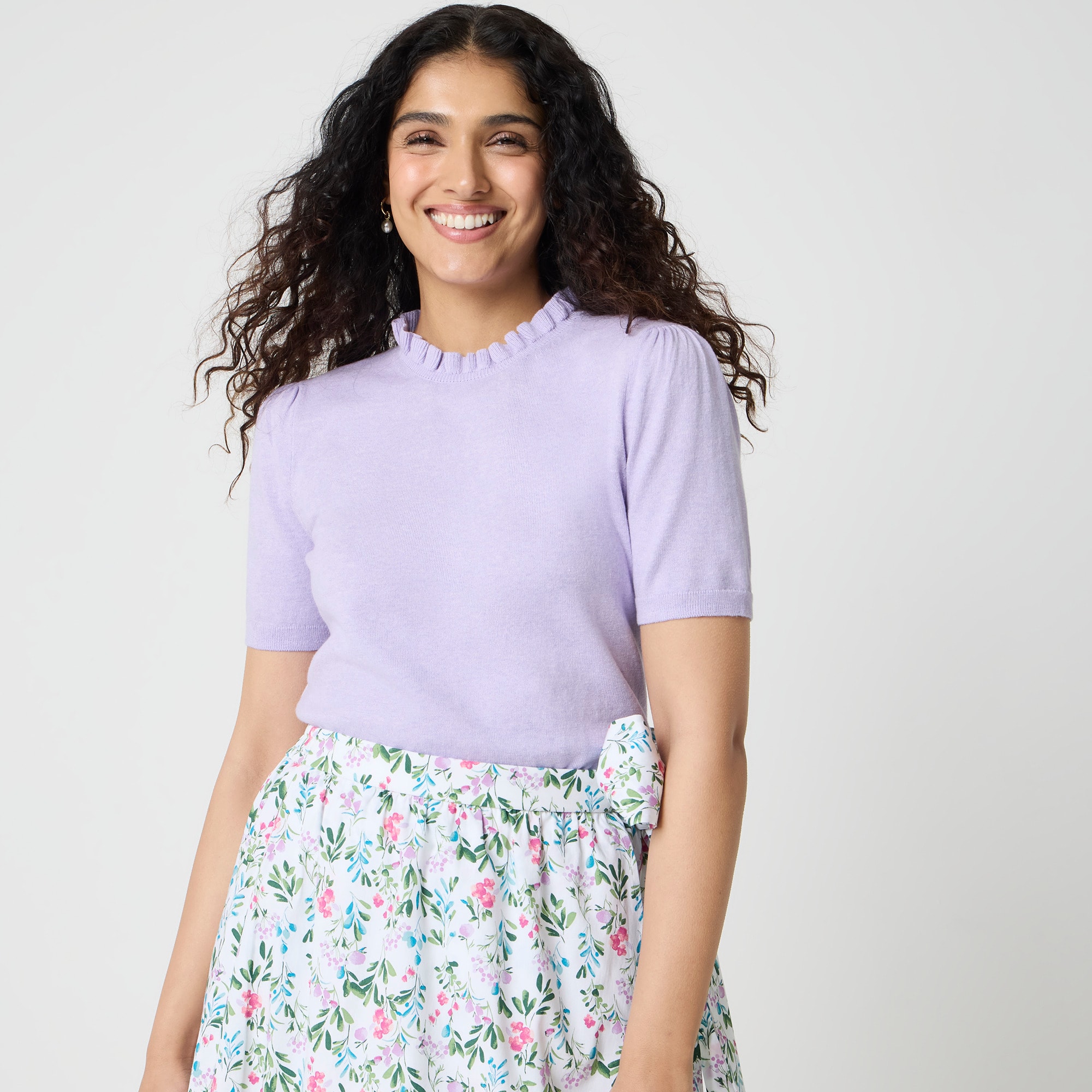 Short-sleeve cotton ruffleneck sweater - image 3
