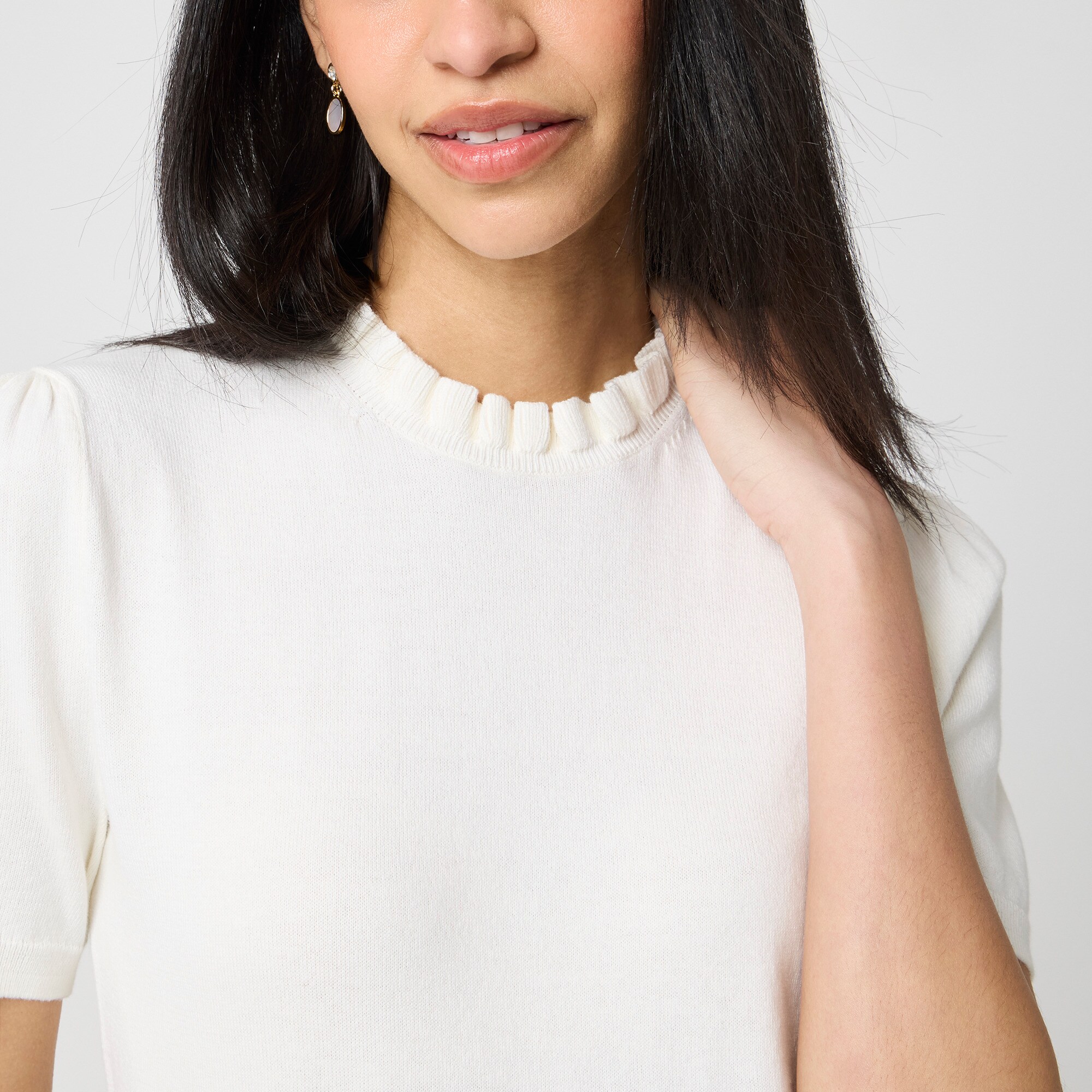 Short-sleeve cotton ruffleneck sweater