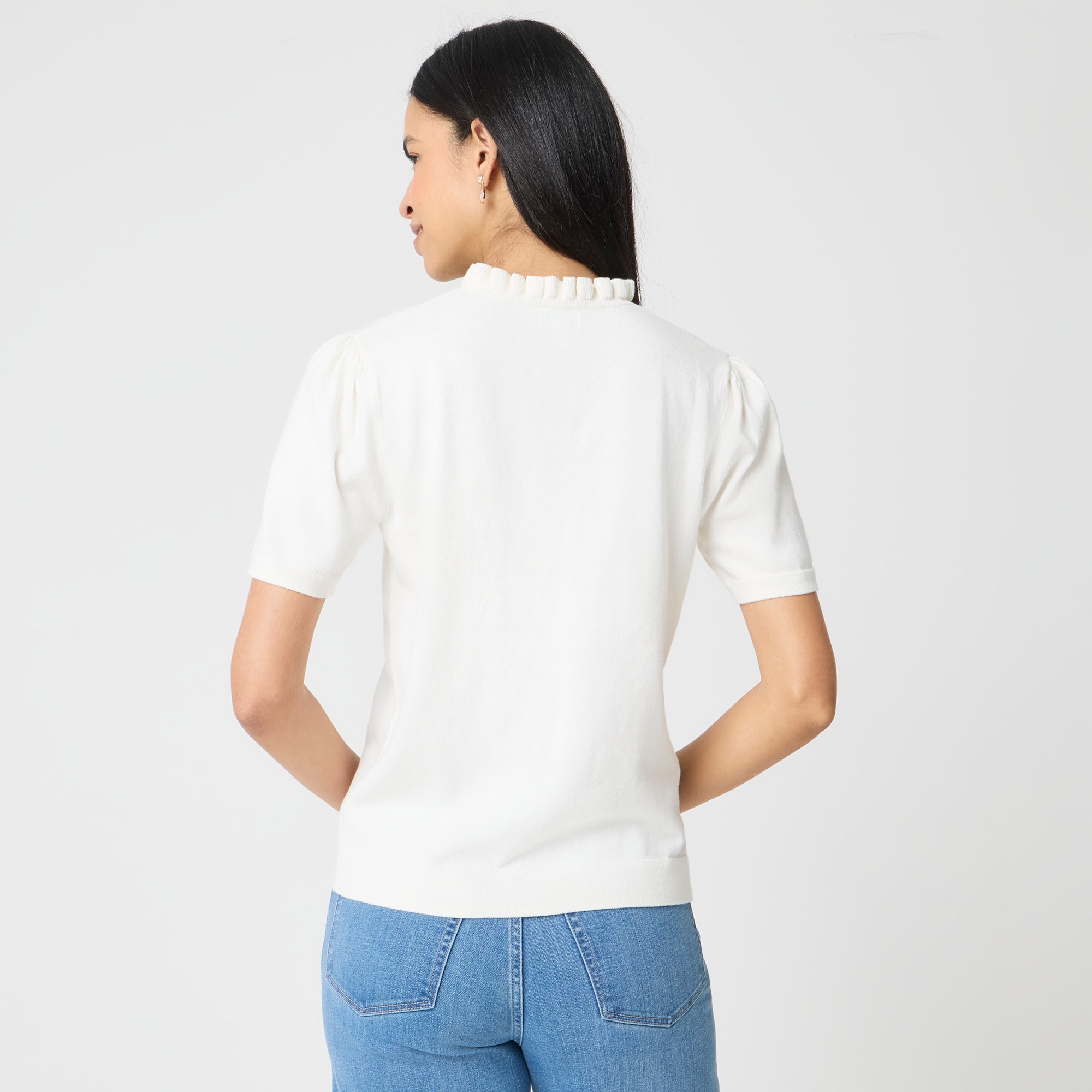 Short-sleeve cotton ruffleneck sweater