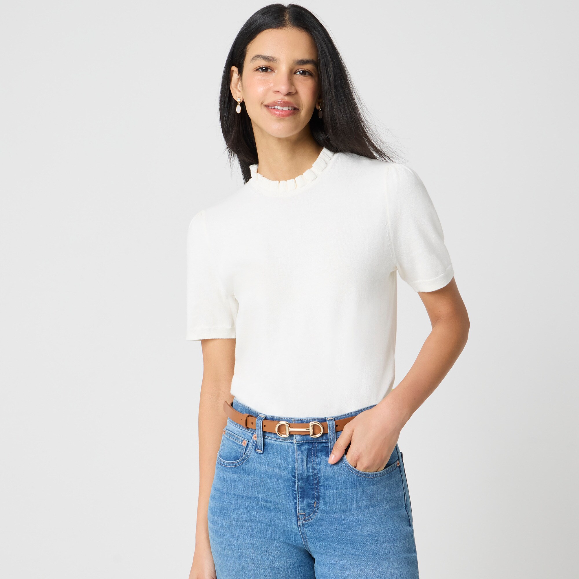 Short-sleeve cotton ruffleneck sweater