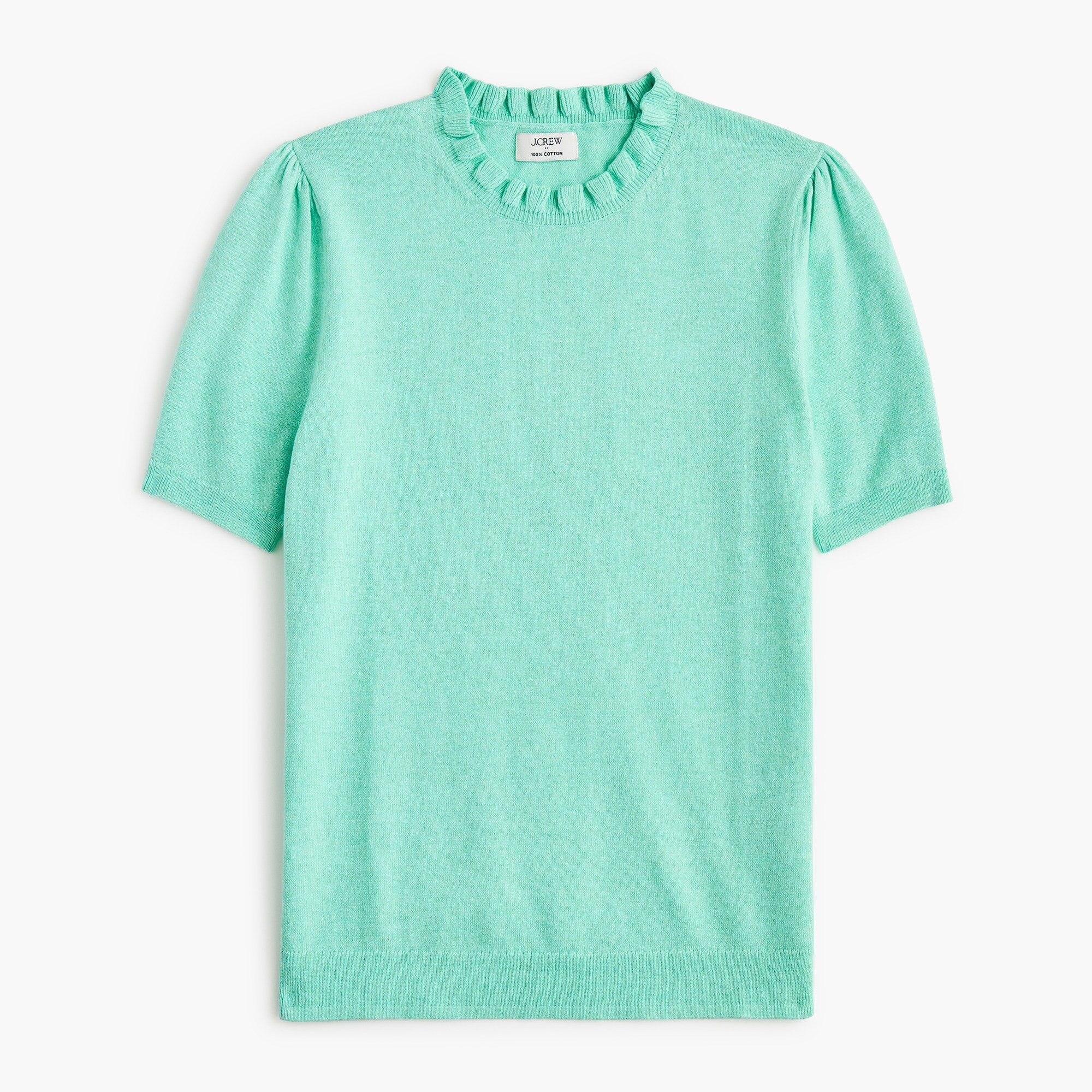 Short-sleeve cotton ruffleneck sweater