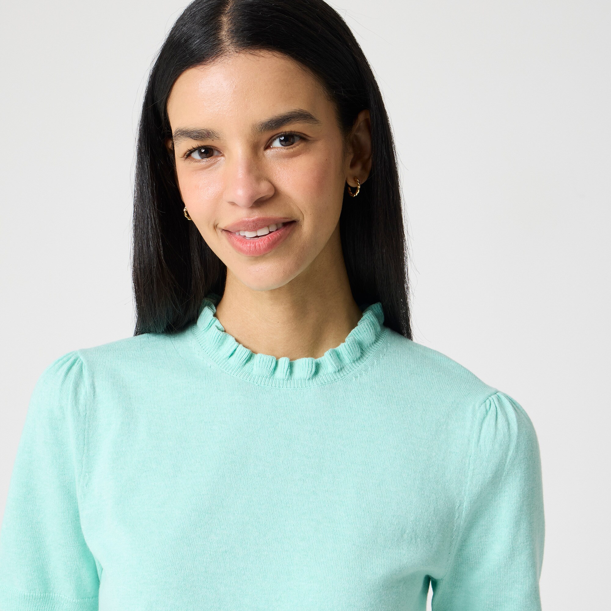 Short-sleeve cotton ruffleneck sweater