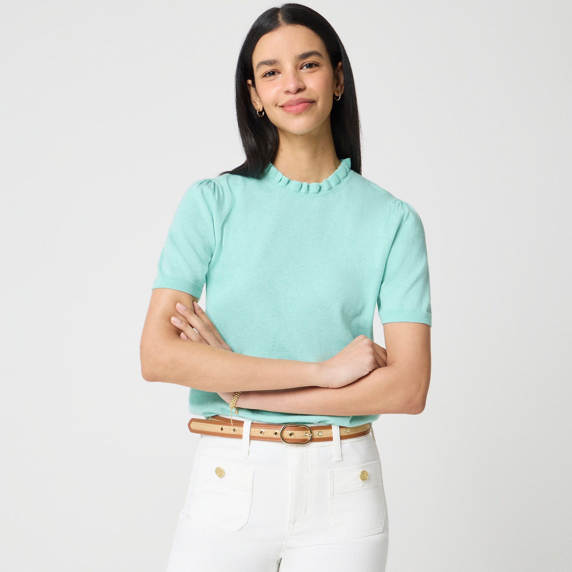 Short-sleeve cotton ruffleneck sweater