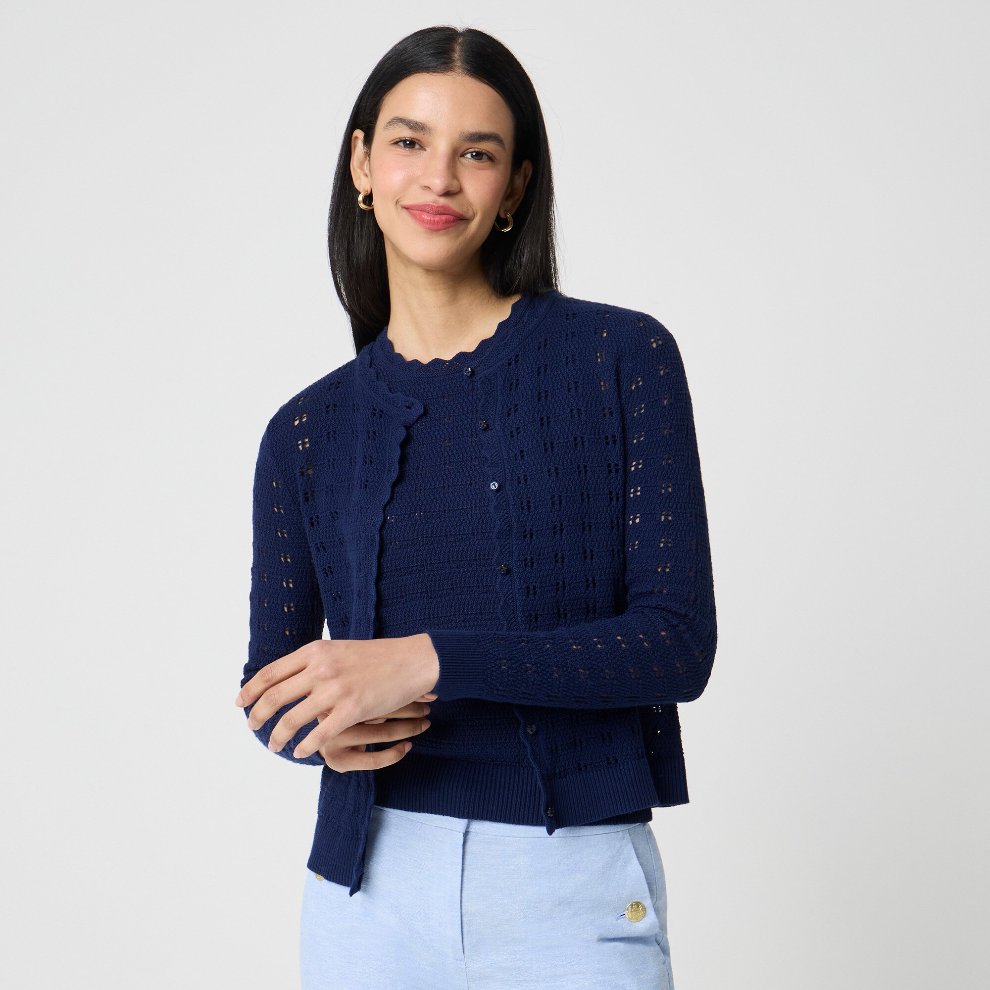  Scalloped pointelle cardigan sweater