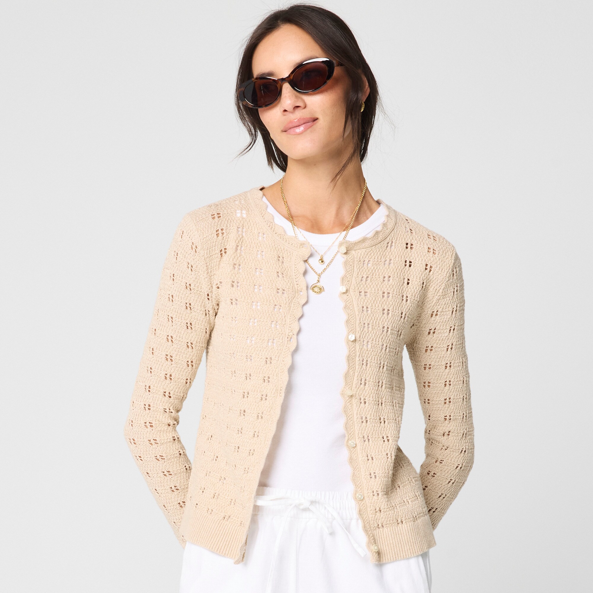 Scalloped pointelle cardigan sweater