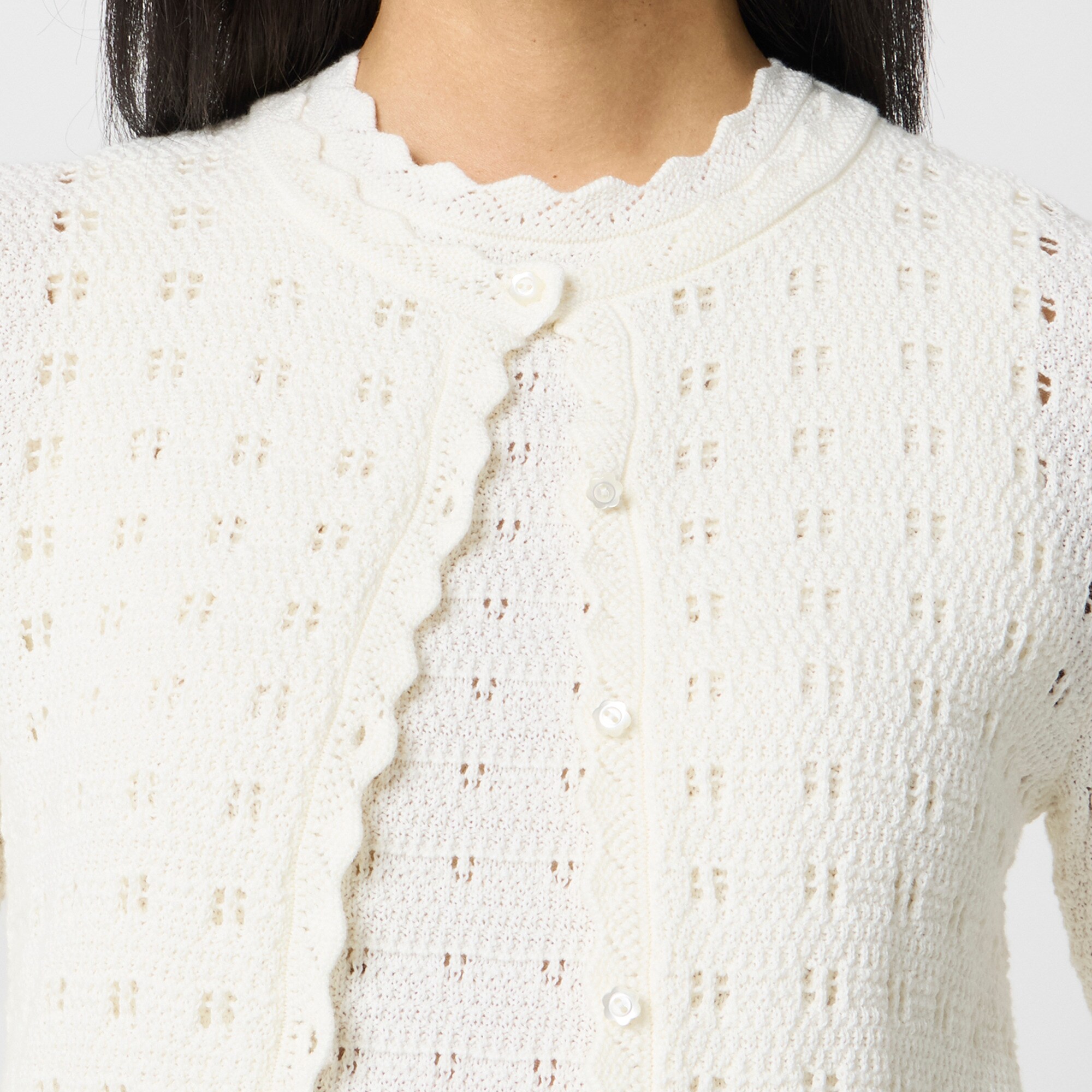 Scalloped pointelle cardigan sweater