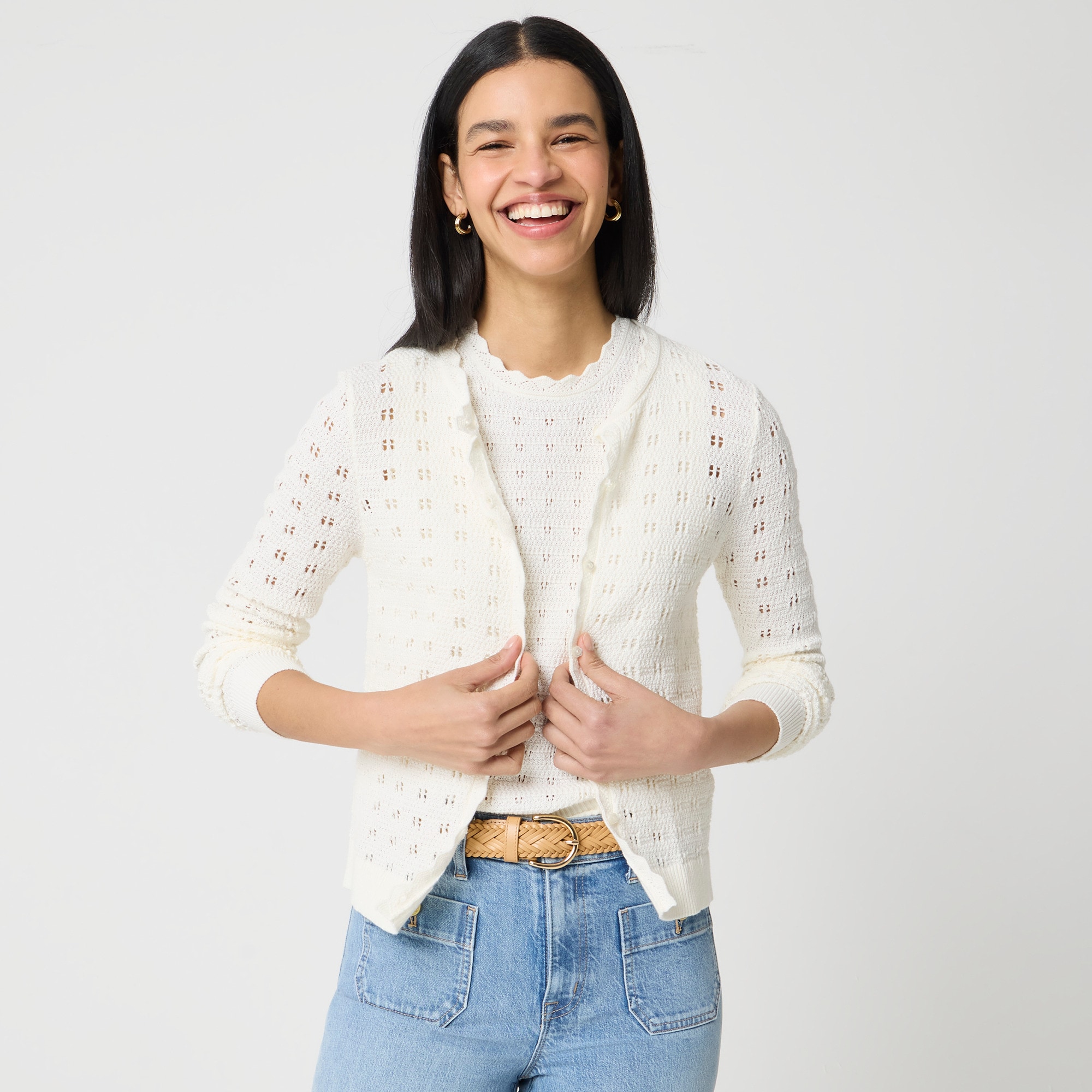 Scalloped pointelle cardigan sweater