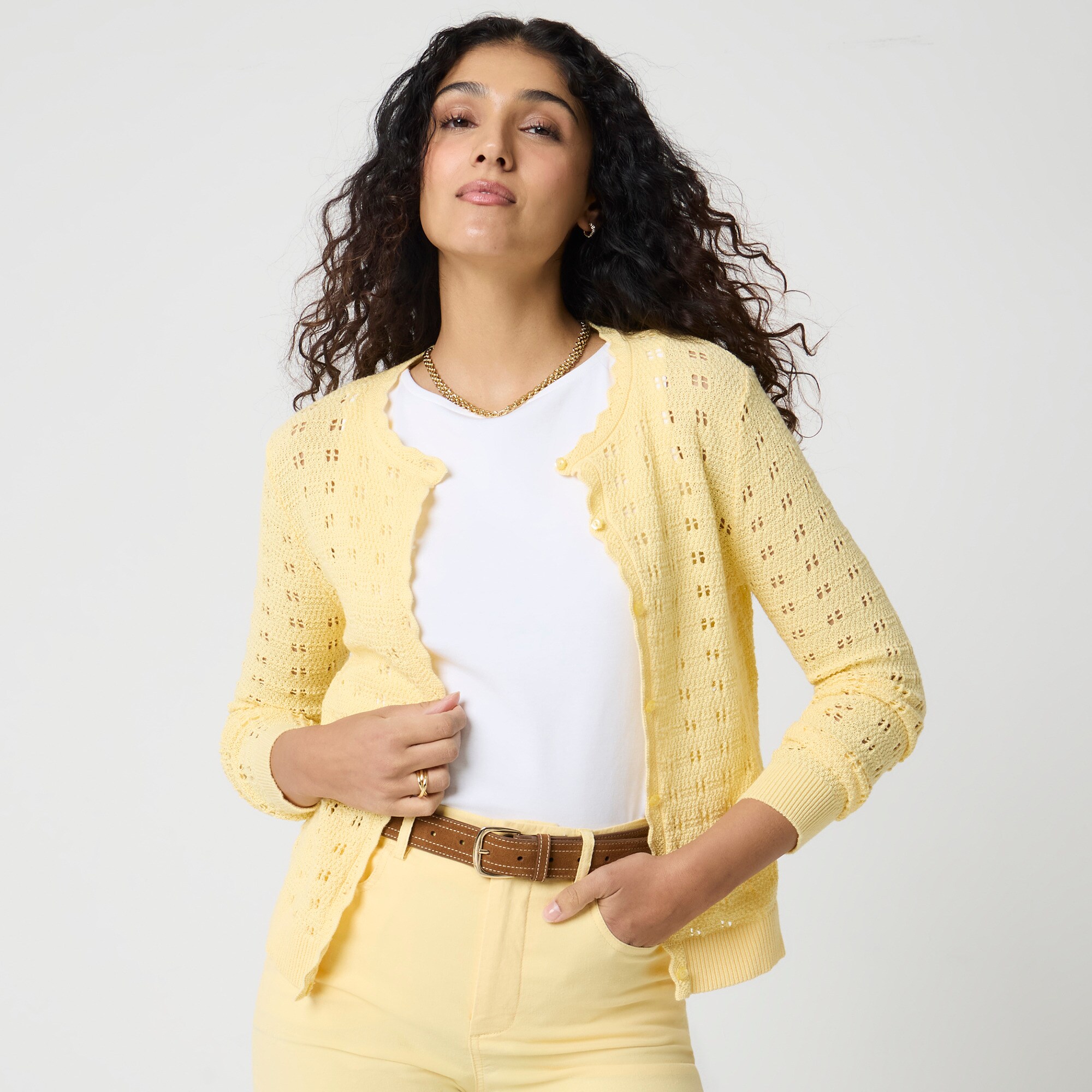 Scalloped pointelle cardigan sweater