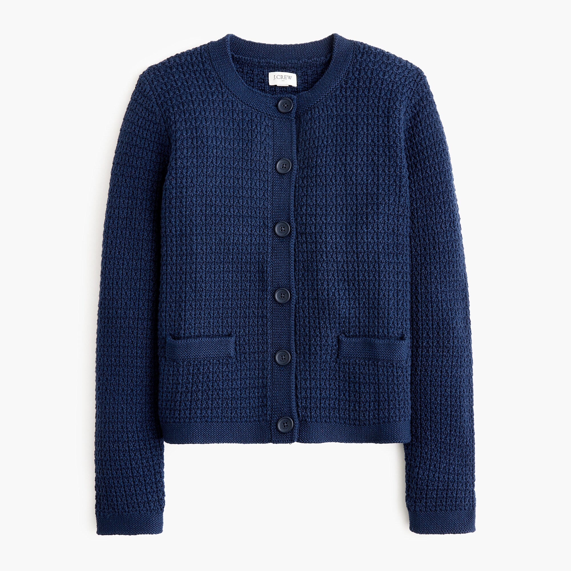 Stitched crewneck cardigan sweater