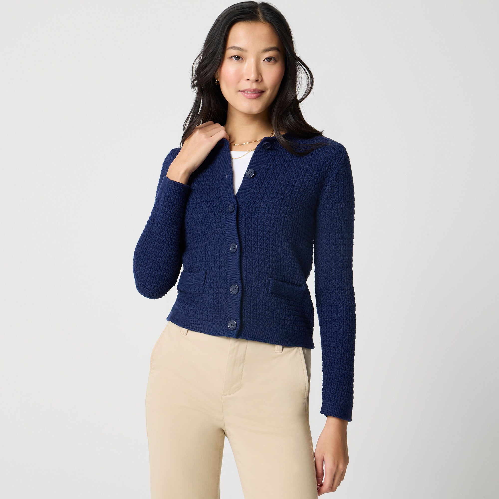 Stitched crewneck cardigan sweater